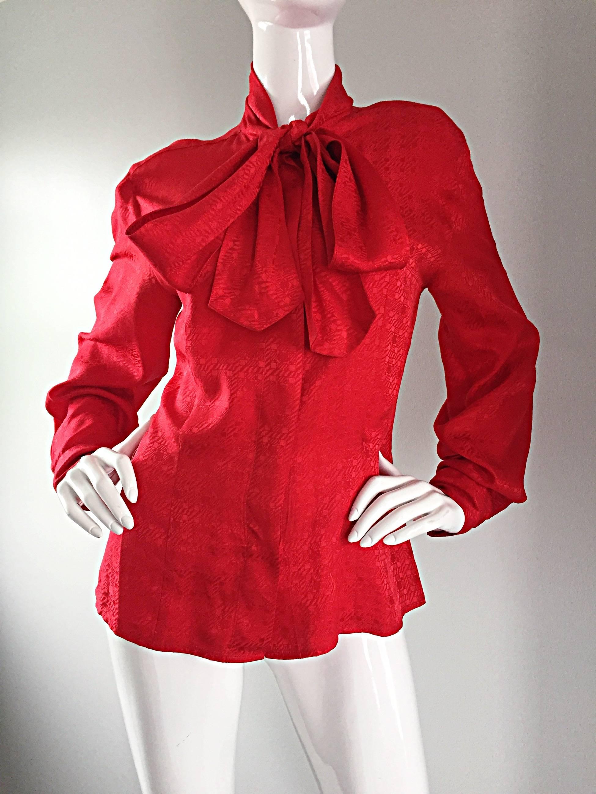 Vintage Christian Dior Red Silk Blouse w/ Pussycat Bow / Scarf In Excellent Condition In San Diego, CA