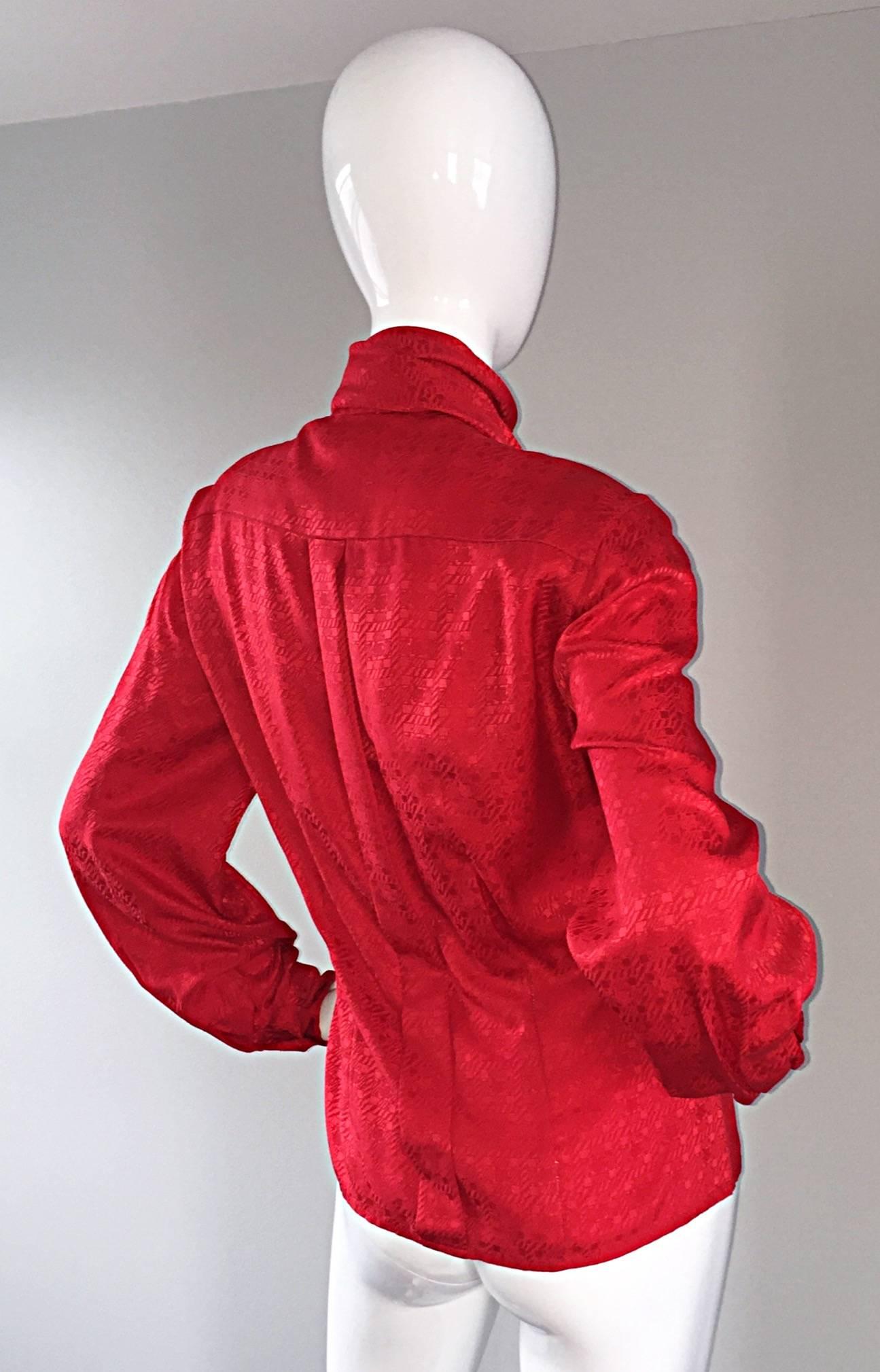 Beautiful vintage Christian Dior lipstick red silk blouse! Fits wonderfully, and features an oversized attached pussycat bow at the neck, which can also be worn loose as a scarf. Hidden buttons up the front, and at each sleeve cuff. Can easily be