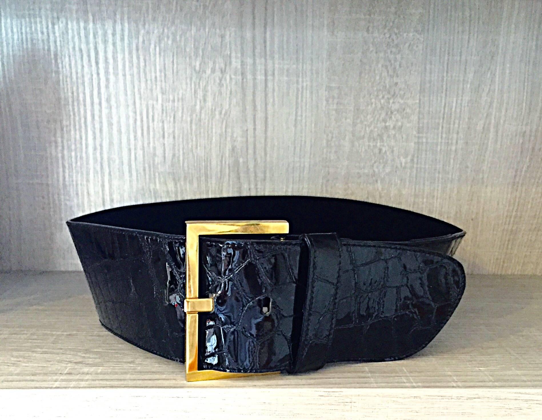 De las mujeres Nuevo Vintage Jane August Cinturón de charol negro con cocodrilo y cocodrilo en relieve