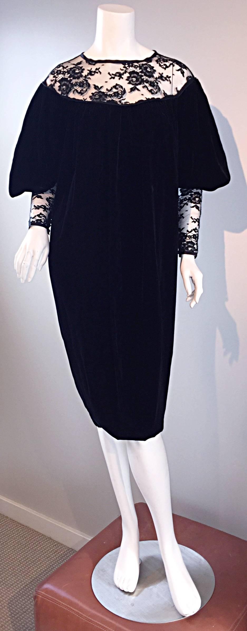 Important Documented Vintage Yves Saint Laurent c 1981 Black Velvet + Lace Dress 1