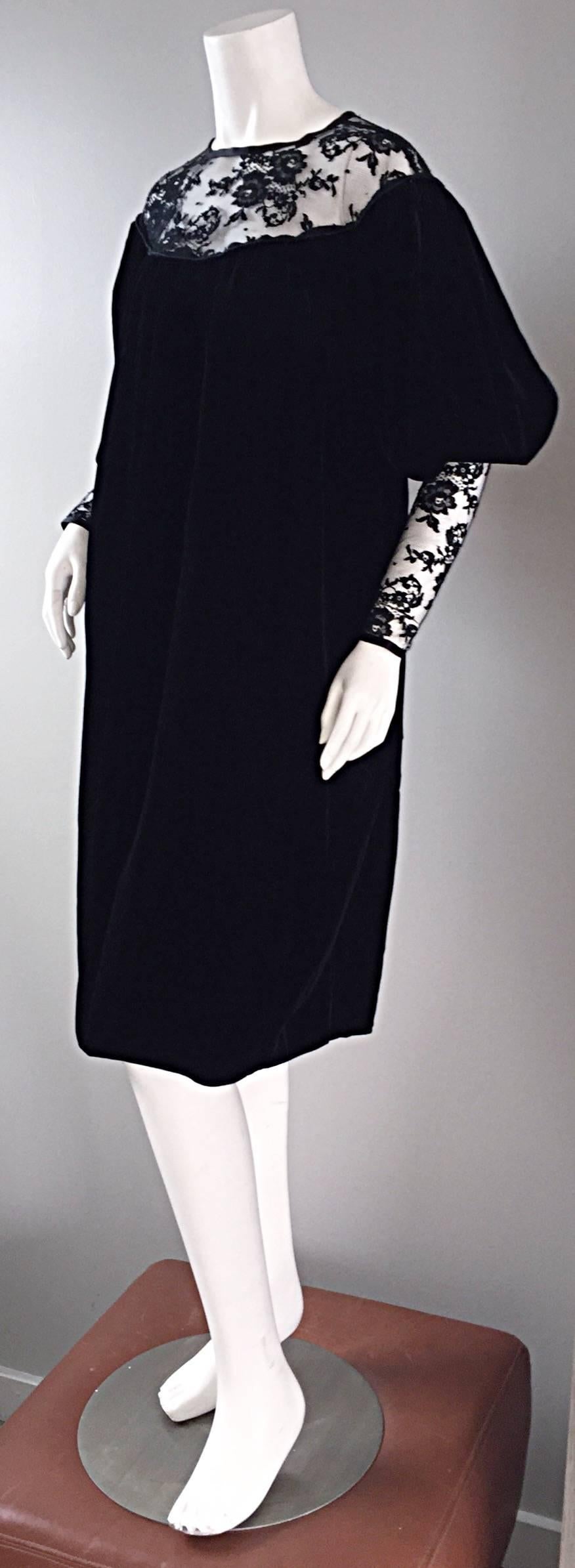 Important Documented Vintage Yves Saint Laurent c 1981 Black Velvet + Lace Dress 2