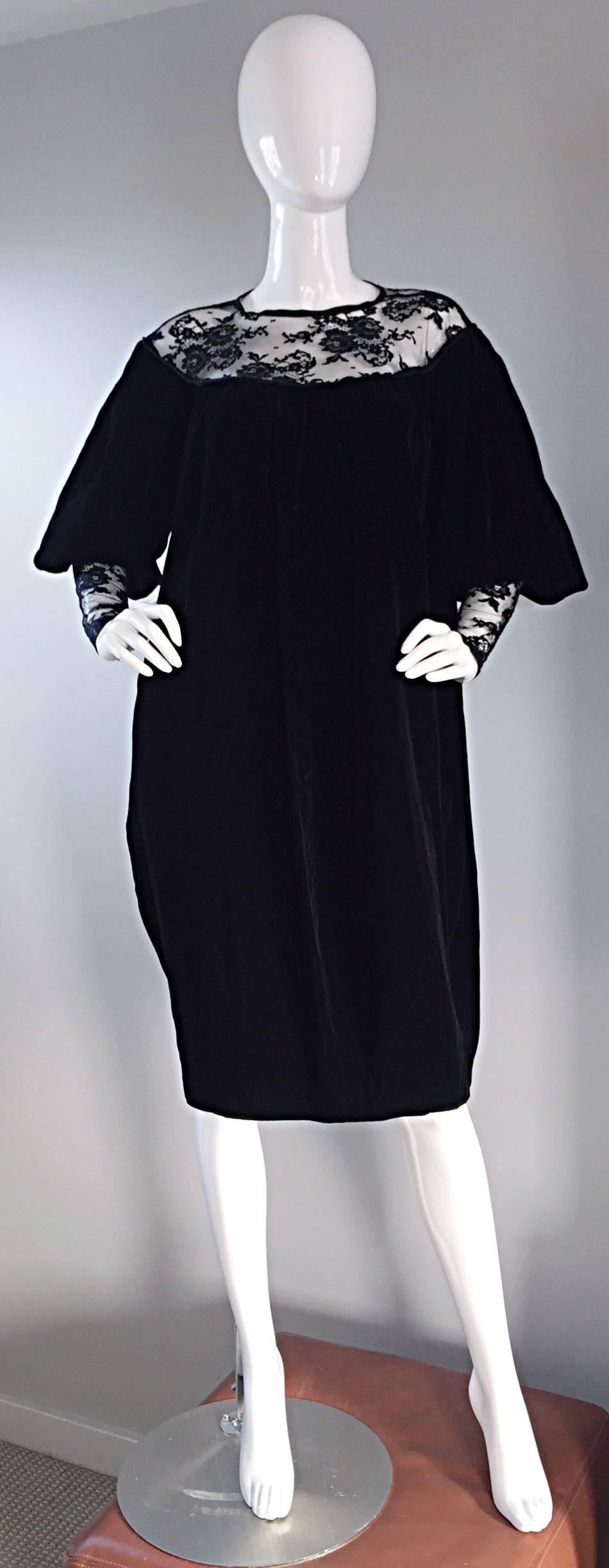 Important Documented Vintage Yves Saint Laurent c 1981 Black Velvet + Lace Dress In Excellent Condition In San Diego, CA
