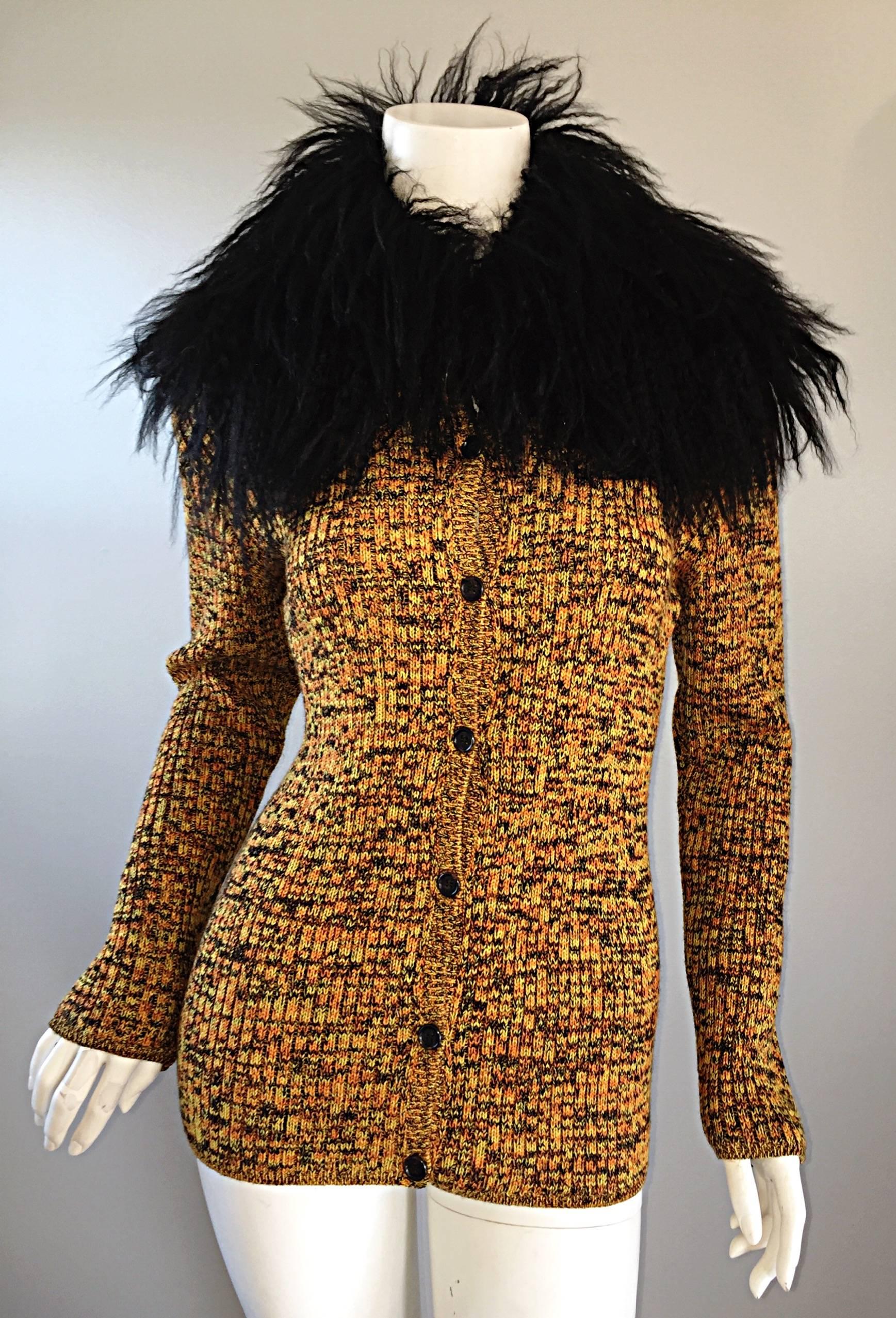 Incredible Vintage Yves Saint Laurent Fourrures Mongolian Fur Sweater Cardigan In Excellent Condition In San Diego, CA
