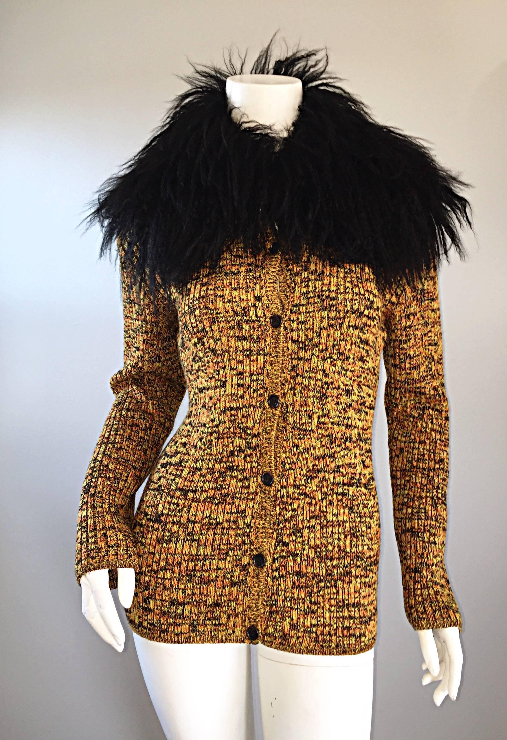 Brown Incredible Vintage Yves Saint Laurent Fourrures Mongolian Fur Sweater Cardigan