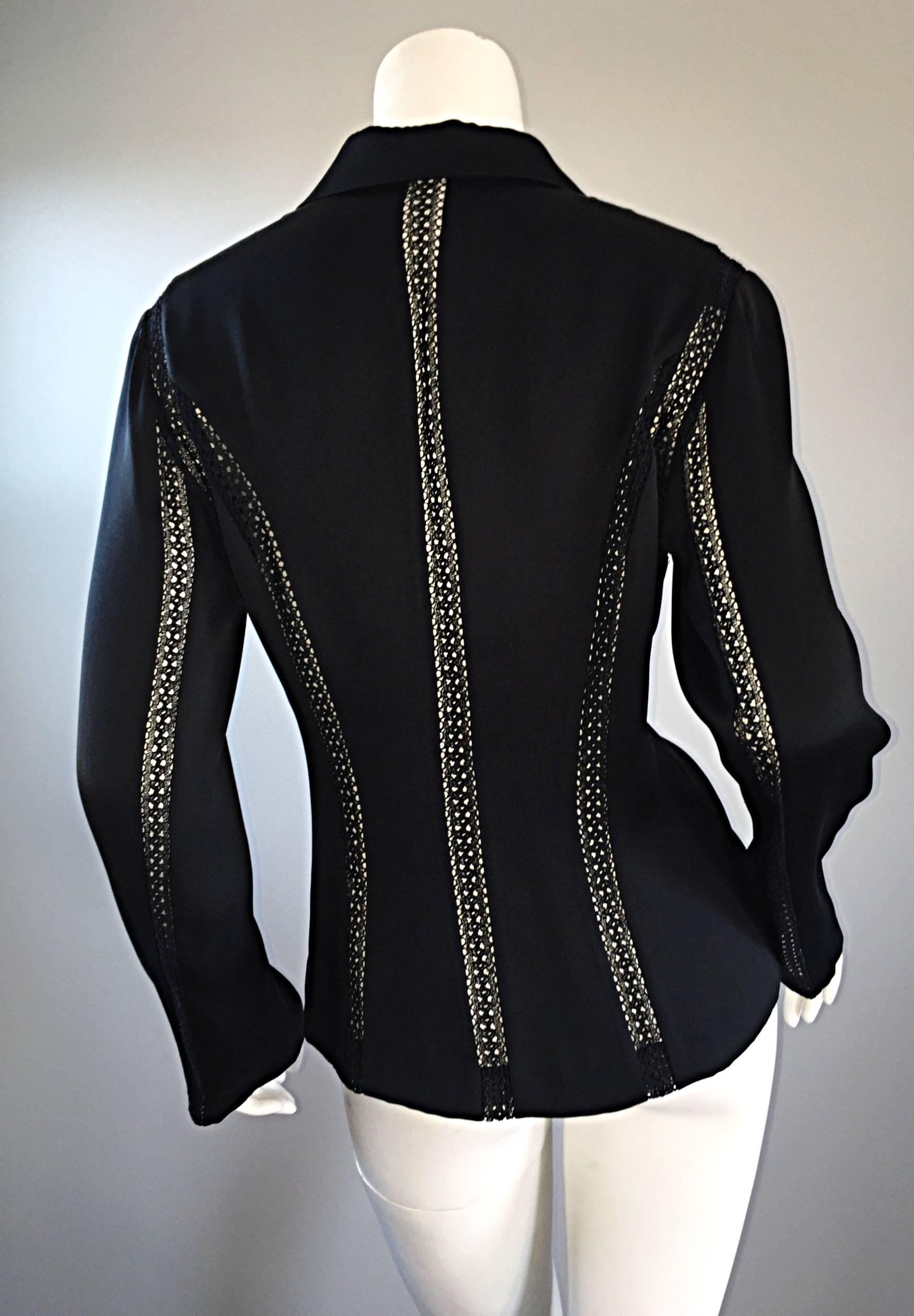 Women's Beautiful Vintage Richard Tyler 1990s 90s Black Silk Cut - Out Crochet Blouse For Sale