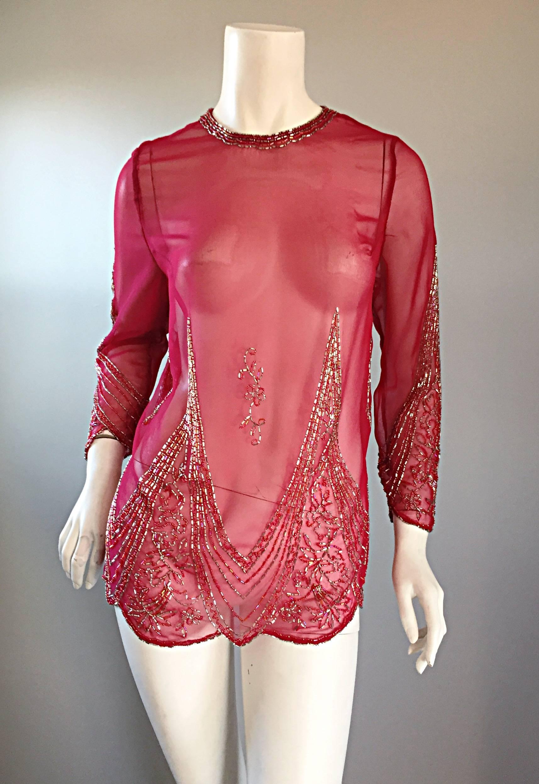 Beautiful Vintage Raspberry Pink Silk Chiffon Semi - Sheer Beaded Tunic Blouse 1