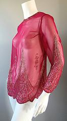 Beautiful Vintage Raspberry Pink Silk Chiffon Semi - Sheer Beaded Tunic Blouse