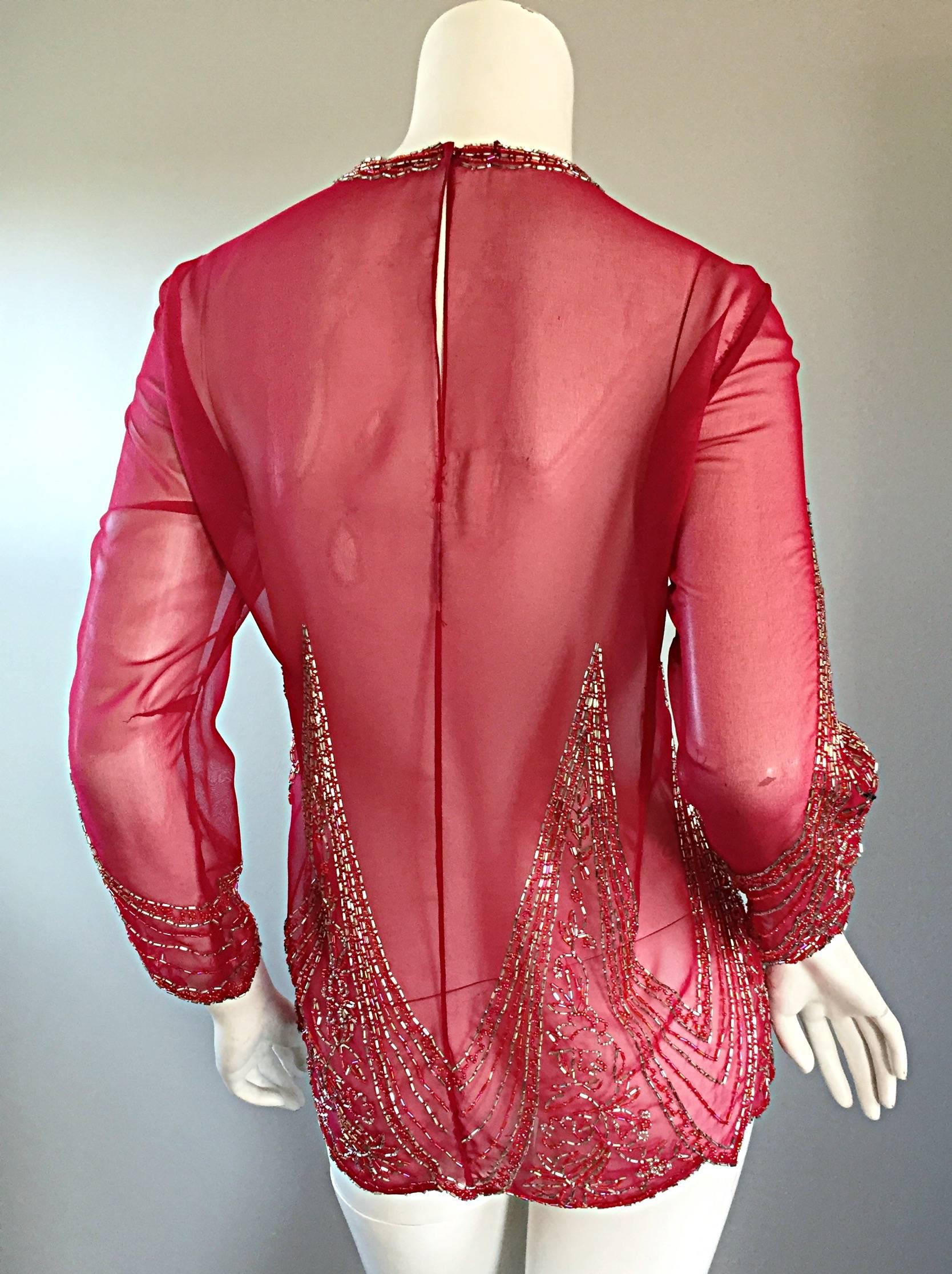 Beautiful Vintage Raspberry Pink Silk Chiffon Semi - Sheer Beaded Tunic Blouse In Excellent Condition In San Diego, CA