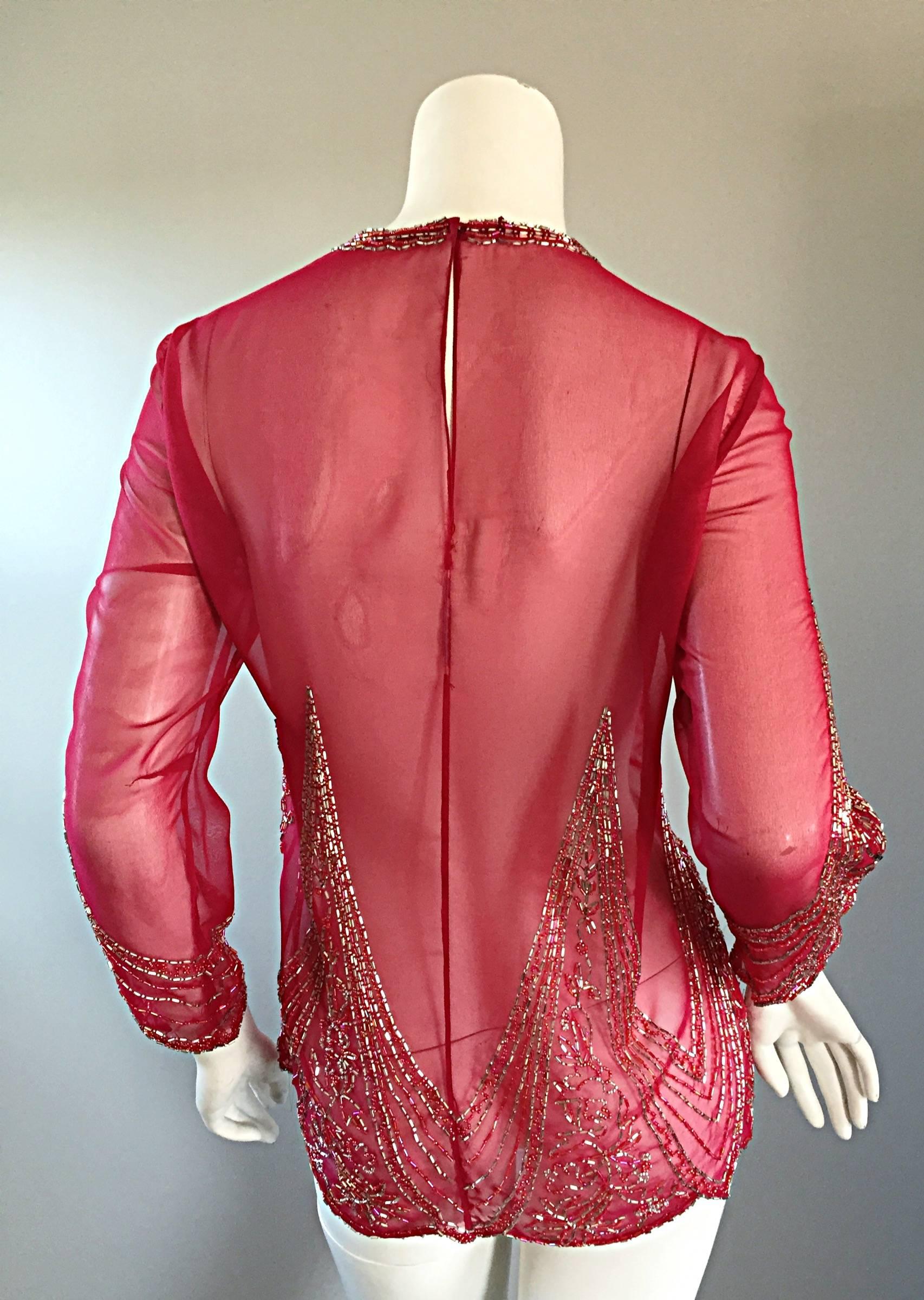 Women's Beautiful Vintage Raspberry Pink Silk Chiffon Semi - Sheer Beaded Tunic Blouse