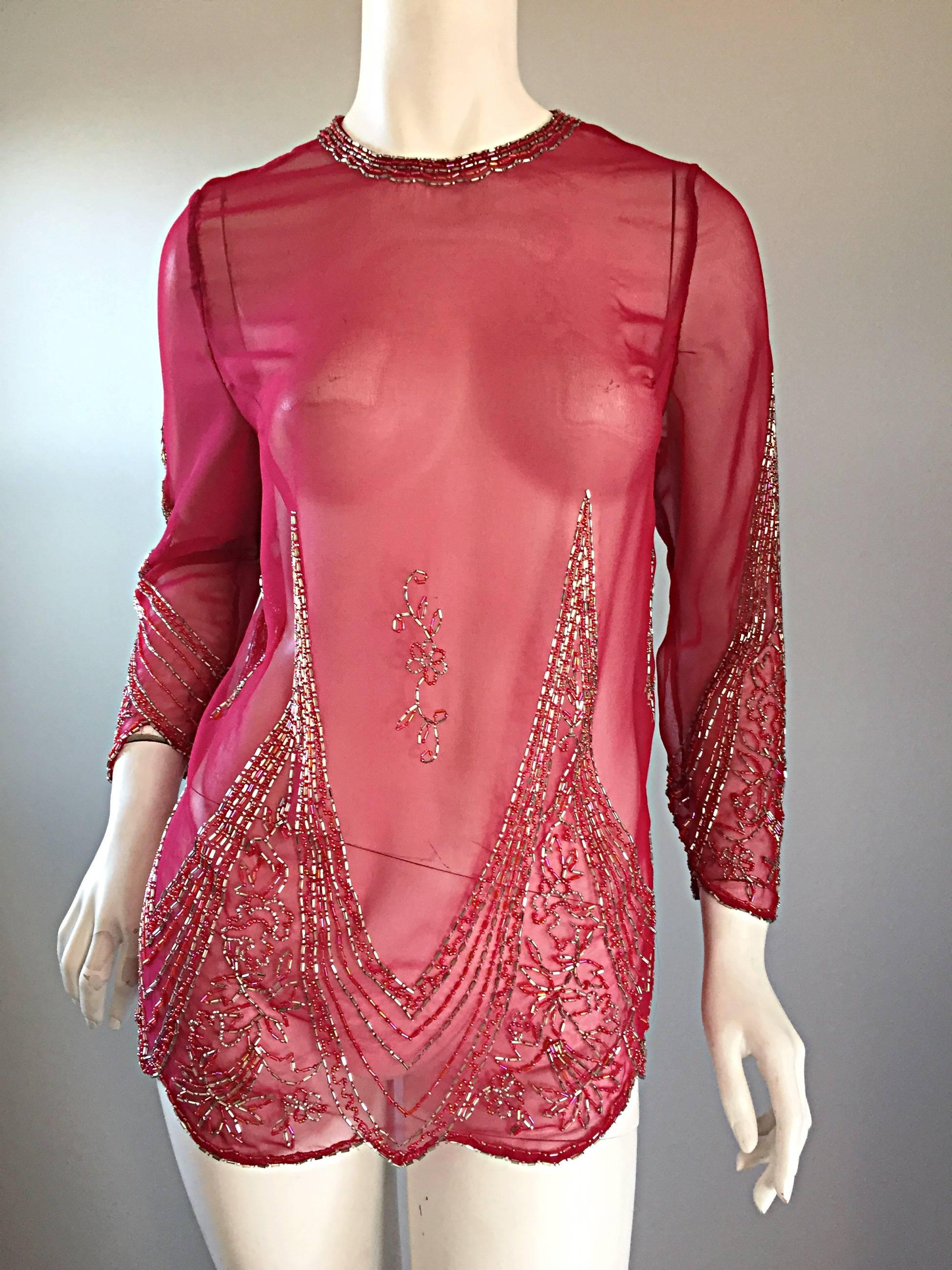 Beautiful Vintage Raspberry Pink Silk Chiffon Semi - Sheer Beaded Tunic Blouse 2
