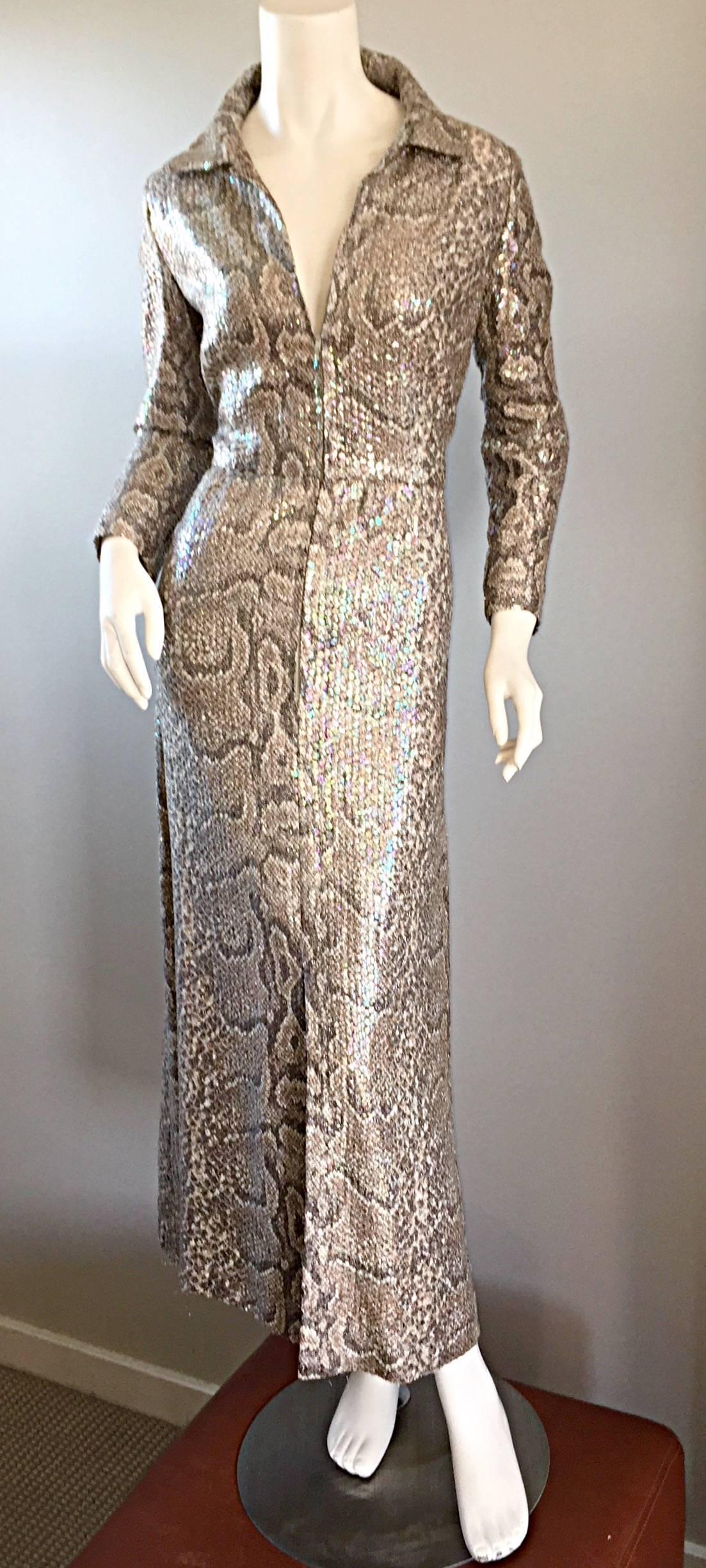 To die for early 1970s Adele Simpson snake print sequin dress! Chic animal print, with thousands of iridescent sequins?!? Yes, please!!! Keyhole neck, with collar (Can also be left open). Zips up the front, with hook-and-eye closure at front neck.