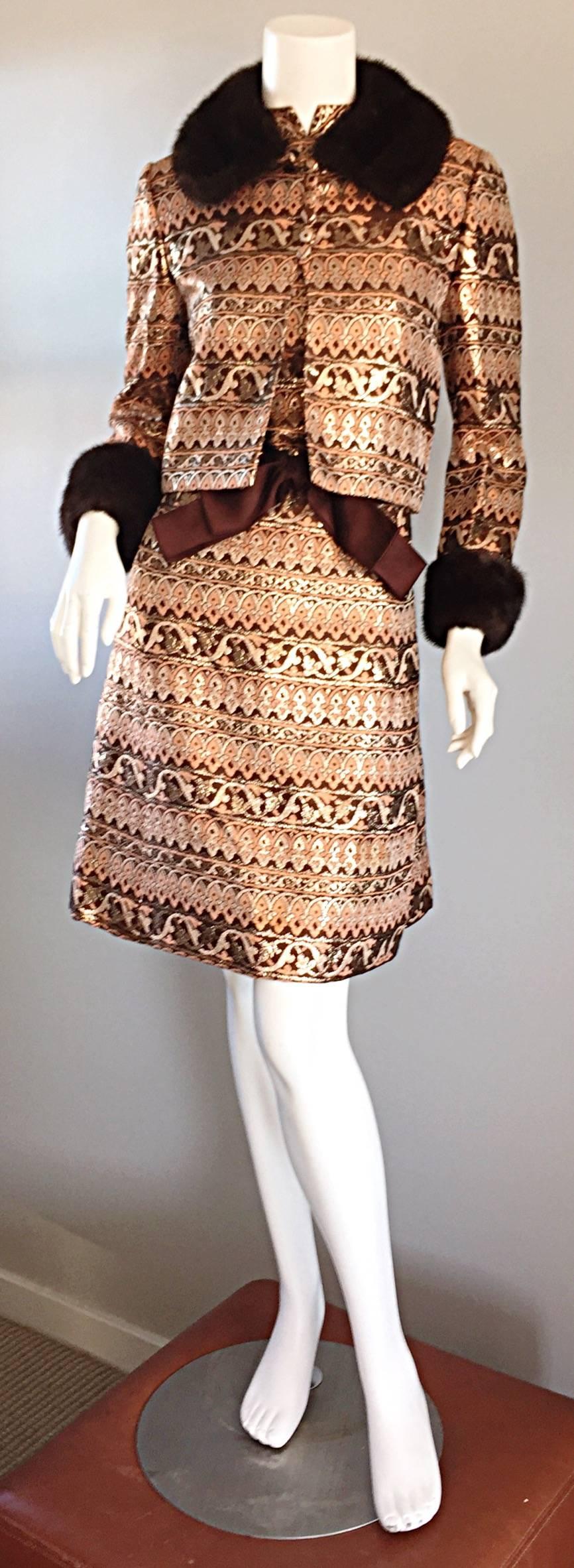 Brown Amazing Early Adele Simpson 1960s 60s Metallic Brocade Dress & Mink Fur Jacket