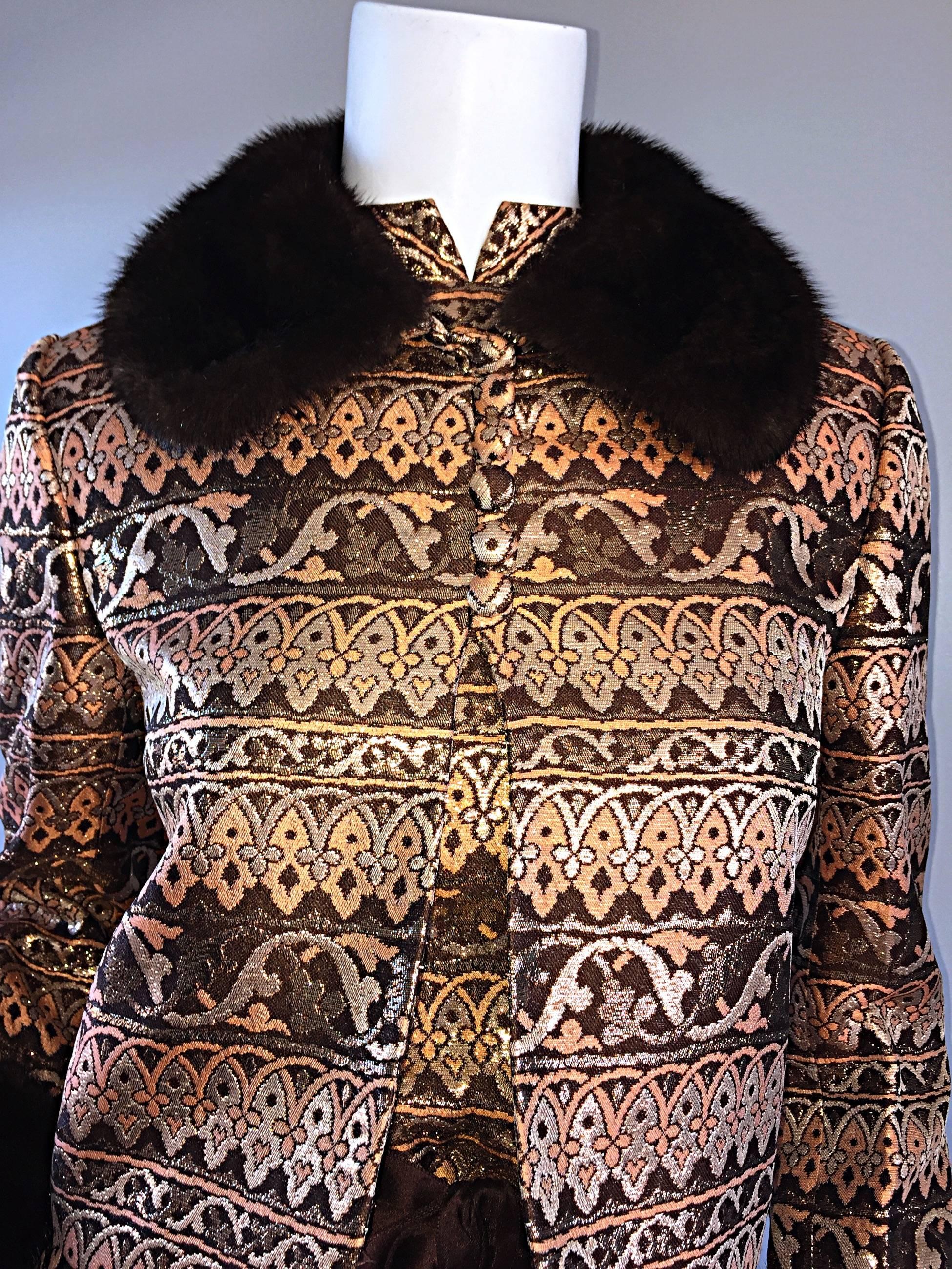 Amazing Early Adele Simpson 1960s 60s Metallic Brocade Dress & Mink Fur Jacket 3