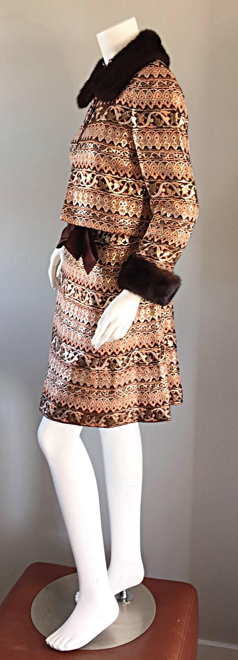 Incredible vintage (early 60s) Adele Simpson silk metallic brocade A-Line dress, with matching jacket, trimmed in mink fur. Sensational prints in pink, brown, tan, and white gold. Attached brown silk bow belt at waist. This set is from Simpson's