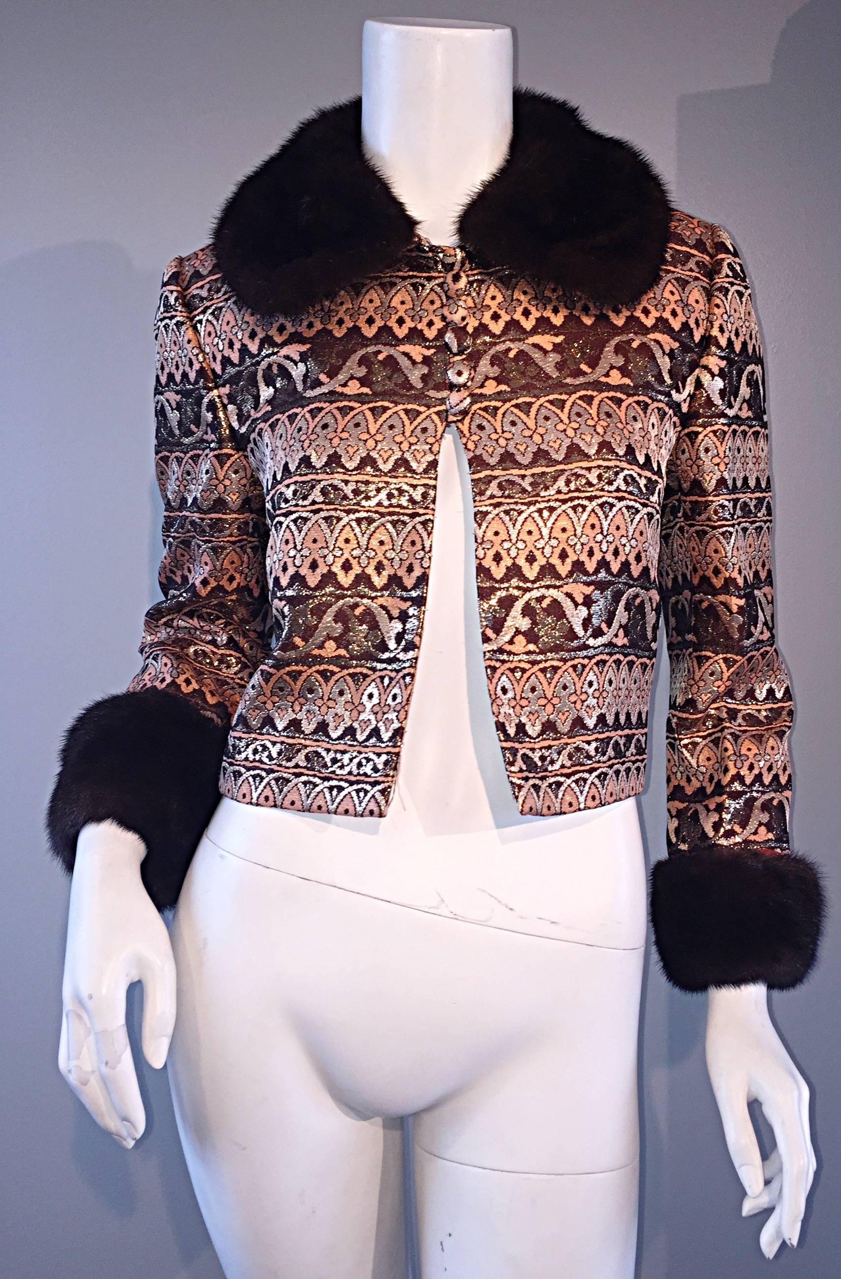 Amazing Early Adele Simpson 1960s 60s Metallic Brocade Dress & Mink Fur Jacket 1
