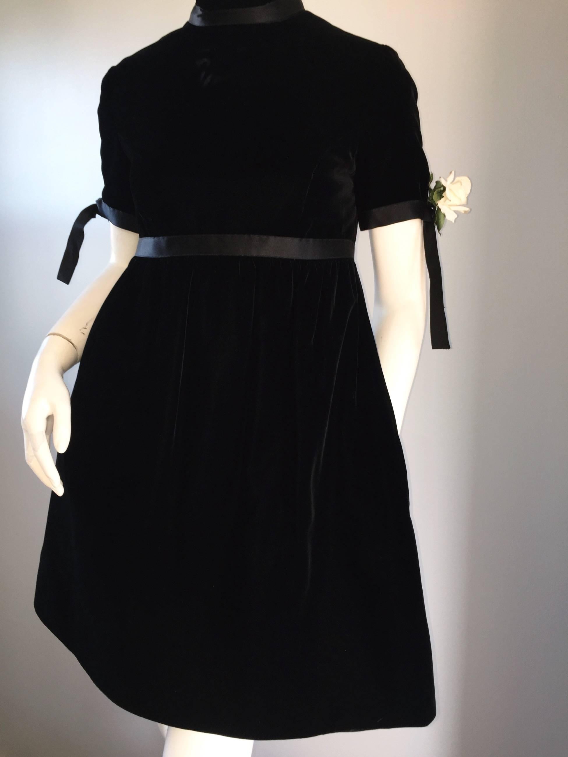1960s Geoffrey Beene Vintage Black Velvet Empire Waist Trapeze Dress w ...