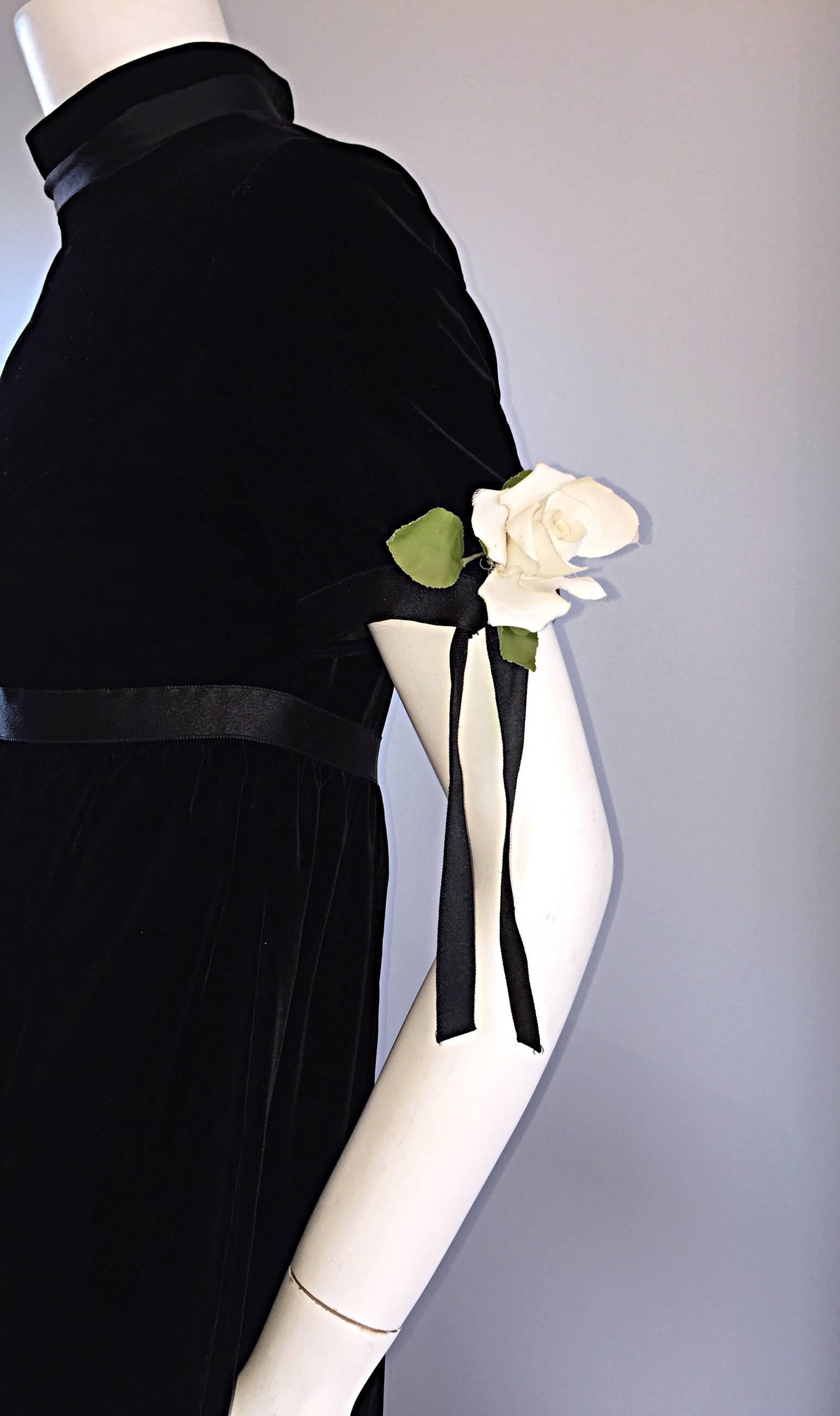 Women's 1960s Geoffrey Beene Vintage Black Velvet Empire Waist Trapeze Dress w/ Corsage