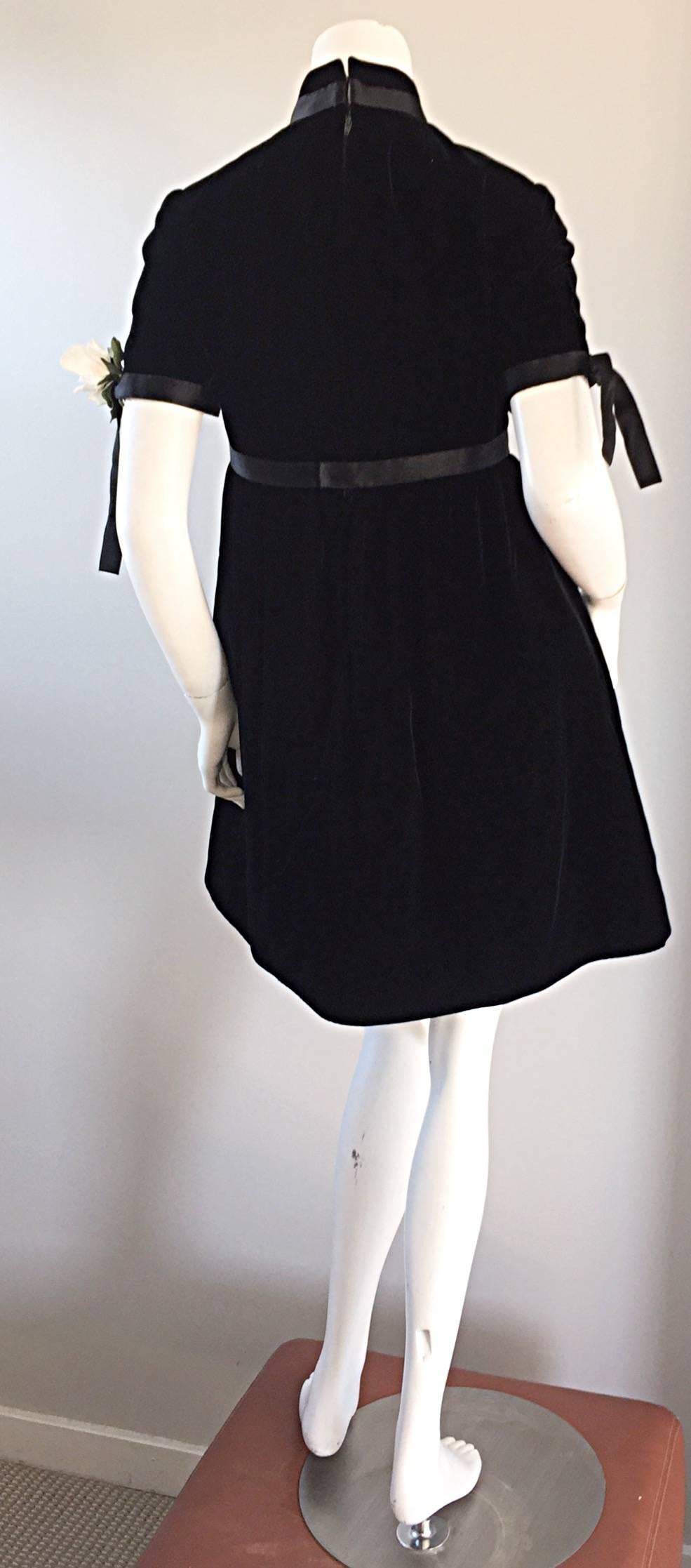 1960s Geoffrey Beene Vintage Black Velvet Empire Waist Trapeze Dress w/ Corsage 2