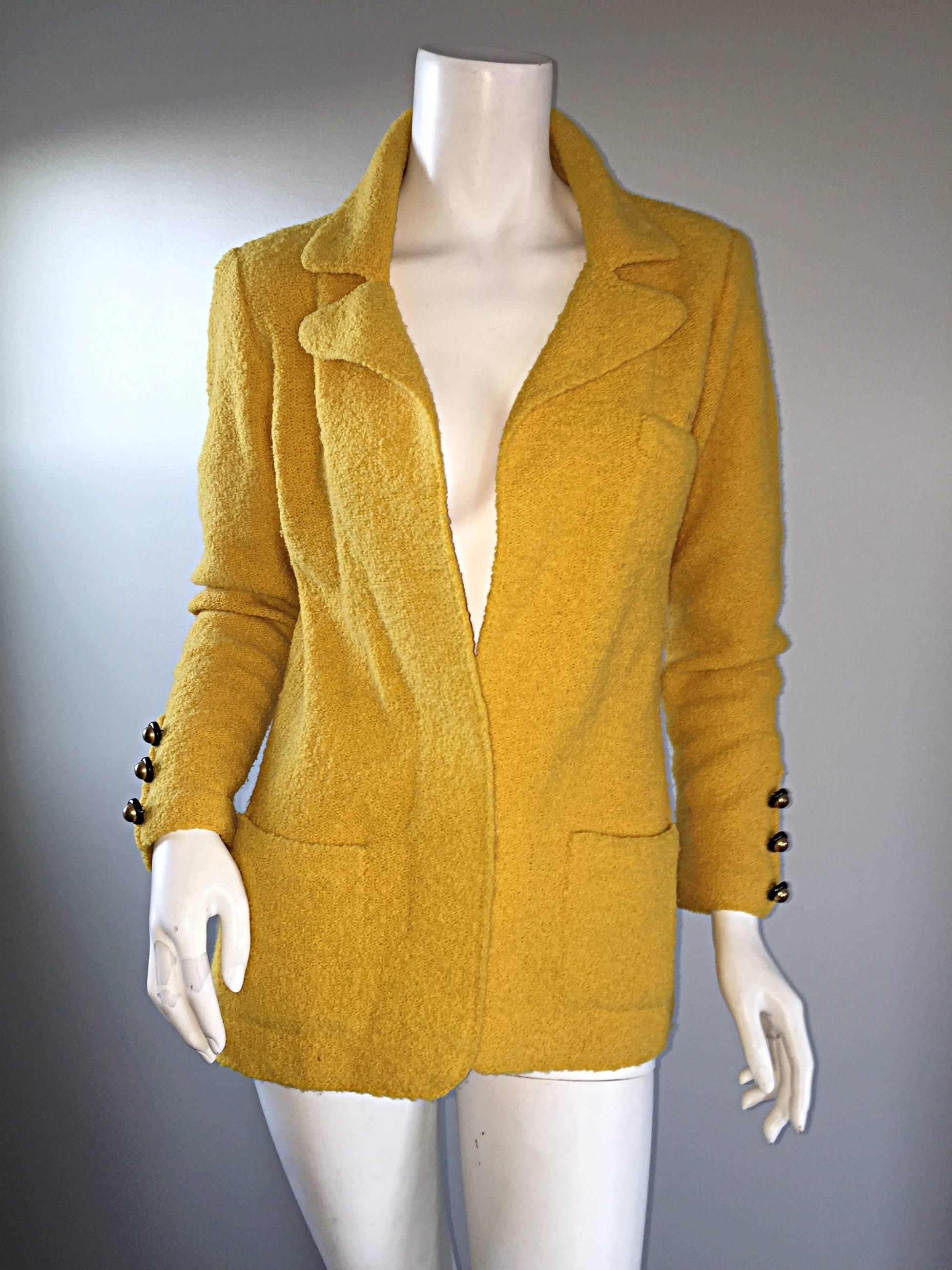 Vintage Adolfo 1970s Mustard Yellow Knit Blazer 70s Fitted Sweater Jacket  1