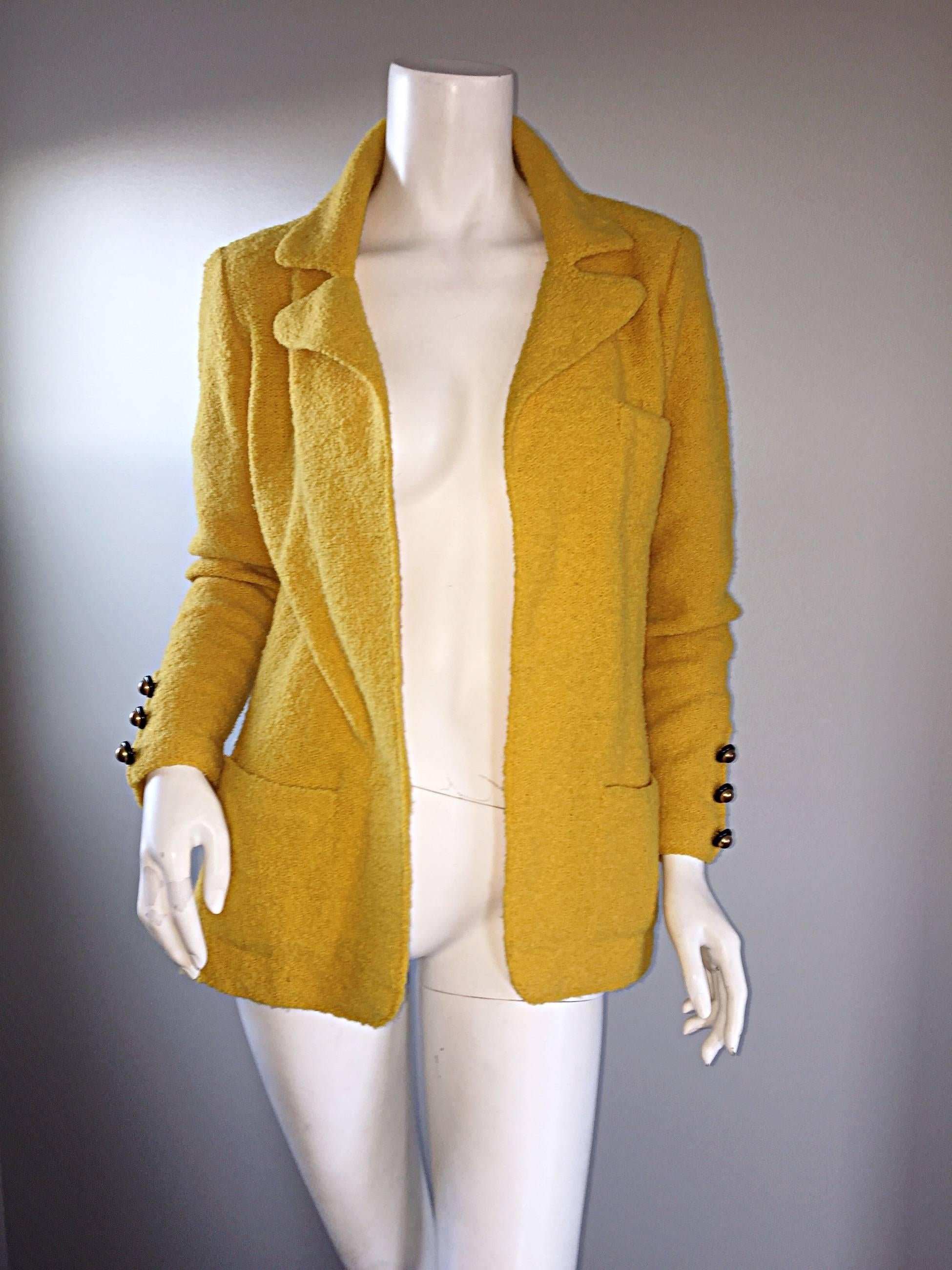 Women's Vintage Adolfo 1970s Mustard Yellow Knit Blazer 70s Fitted Sweater Jacket 