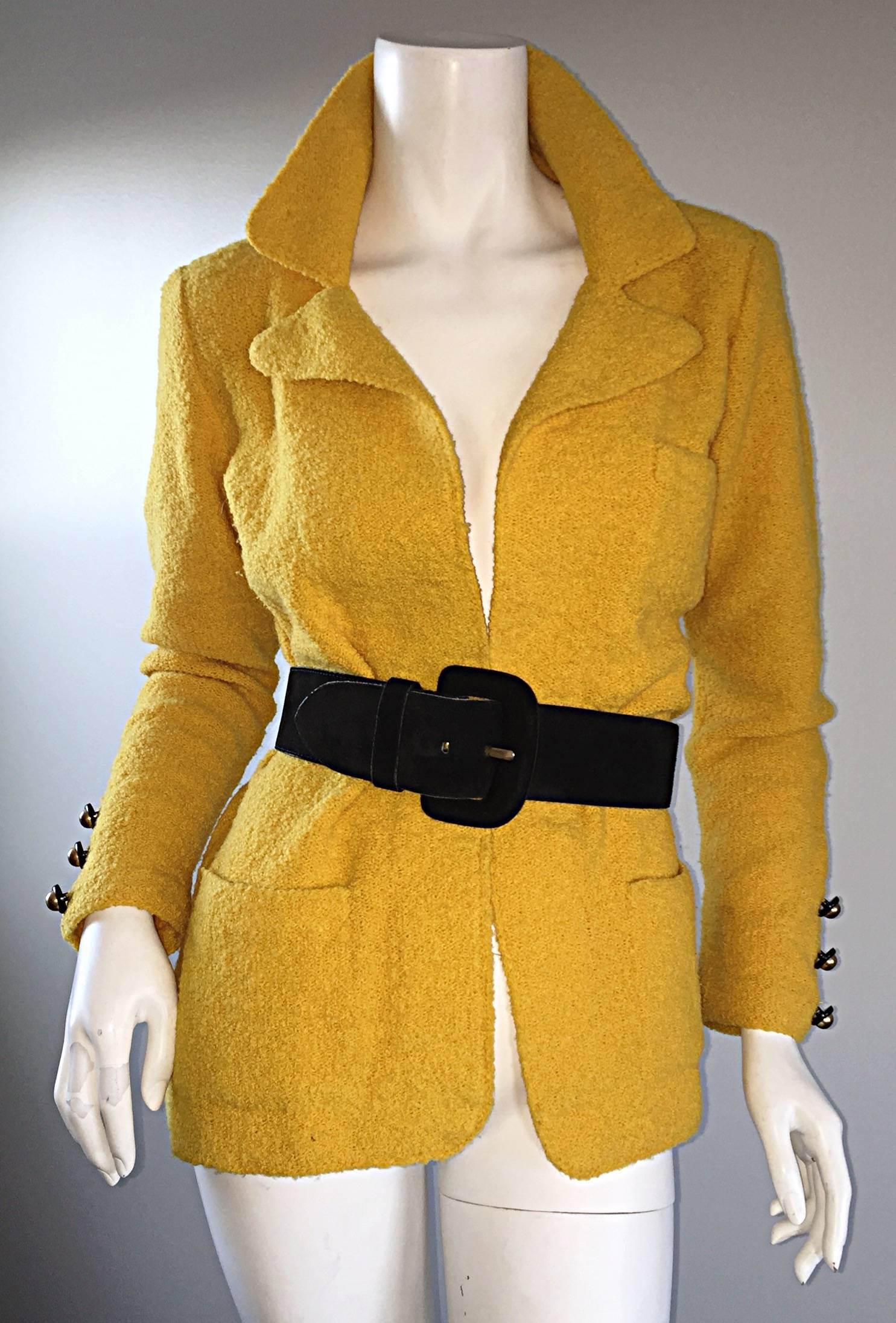 Vintage Adolfo 1970s Mustard Yellow Knit Blazer 70s Fitted Sweater