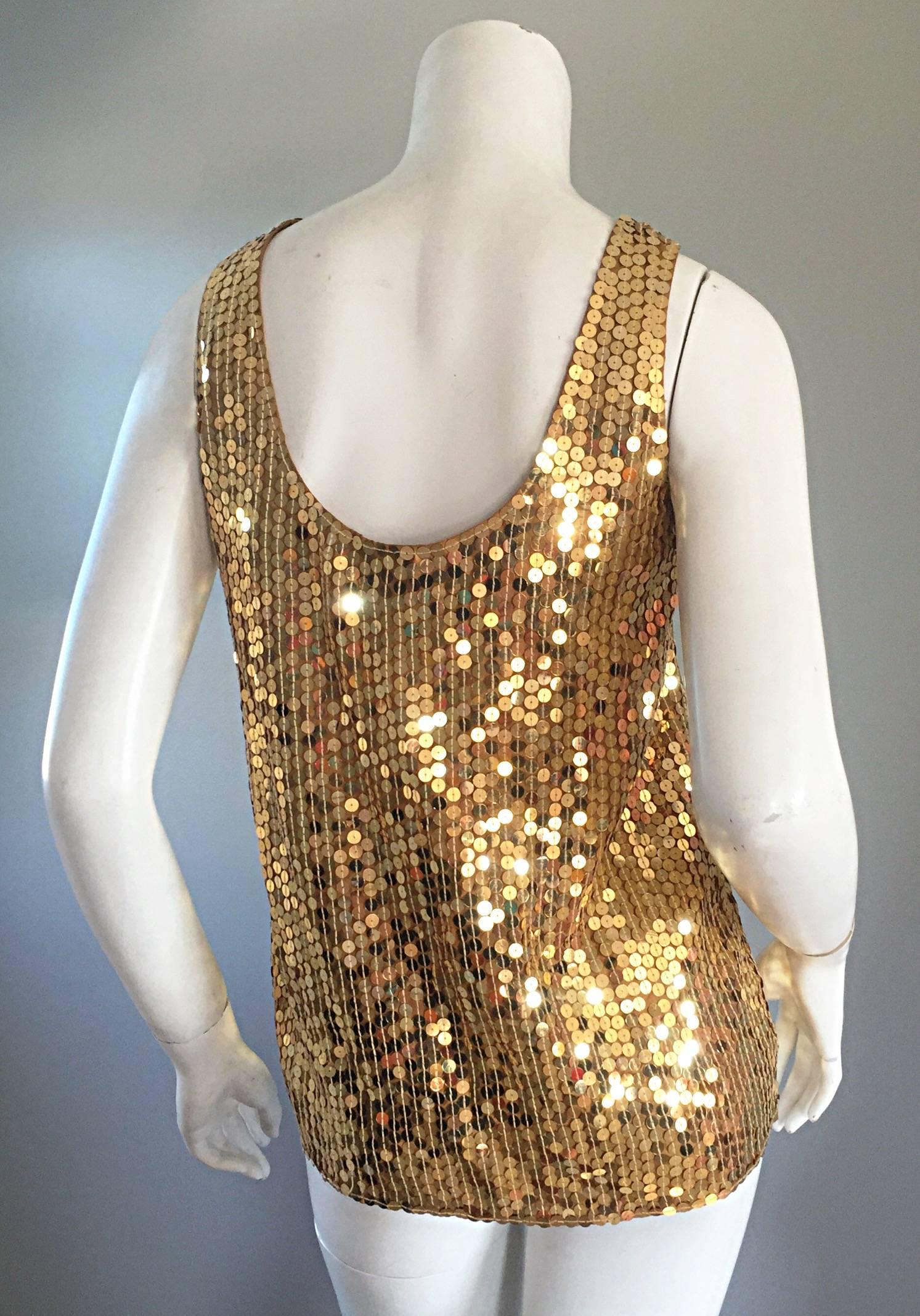 Brown Vintage Oleg Cassini Gold Sequin Silk Blouse / Shirt  For Sale