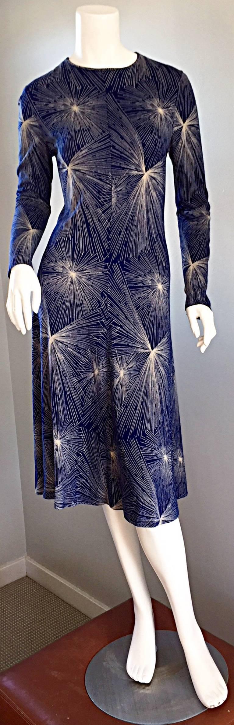 Important Vintage 70s Diane Von Furstenberg ' Fireworks ' Blue + White Dress DVF 2