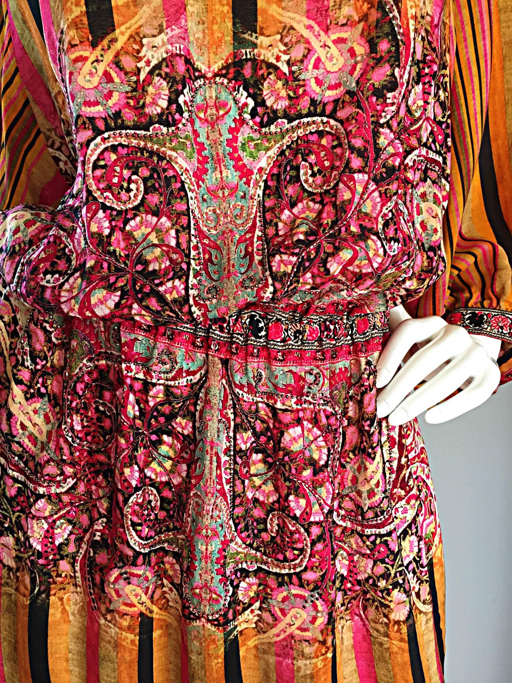 Matthew Williamson Colorful Ethnic Beaded Tunic Dress w/ Billow Sleeves In Excellent Condition For Sale In San Diego, CA