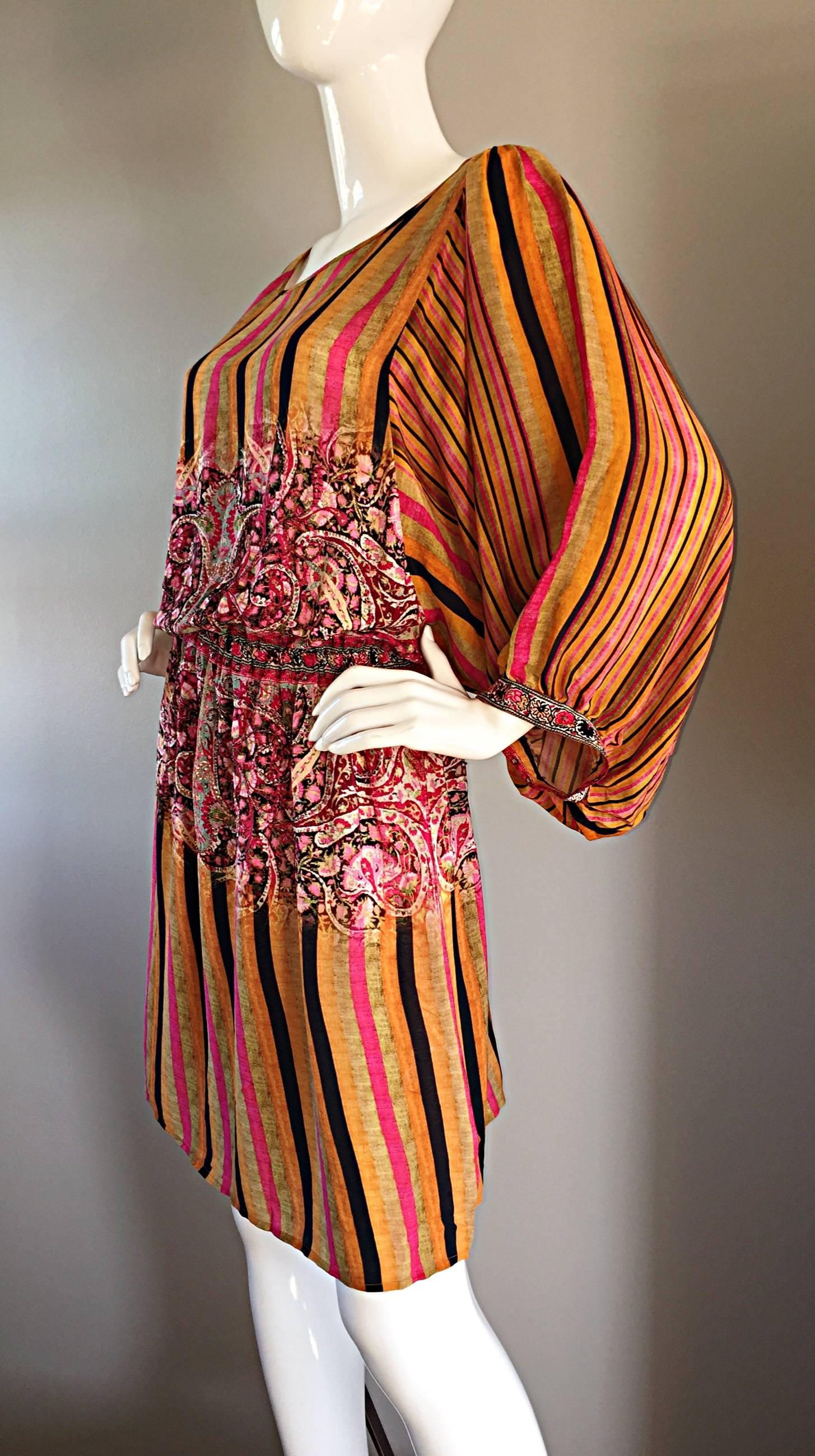 Orange Matthew Williamson Colorful Ethnic Beaded Tunic Dress w/ Billow Sleeves  For Sale
