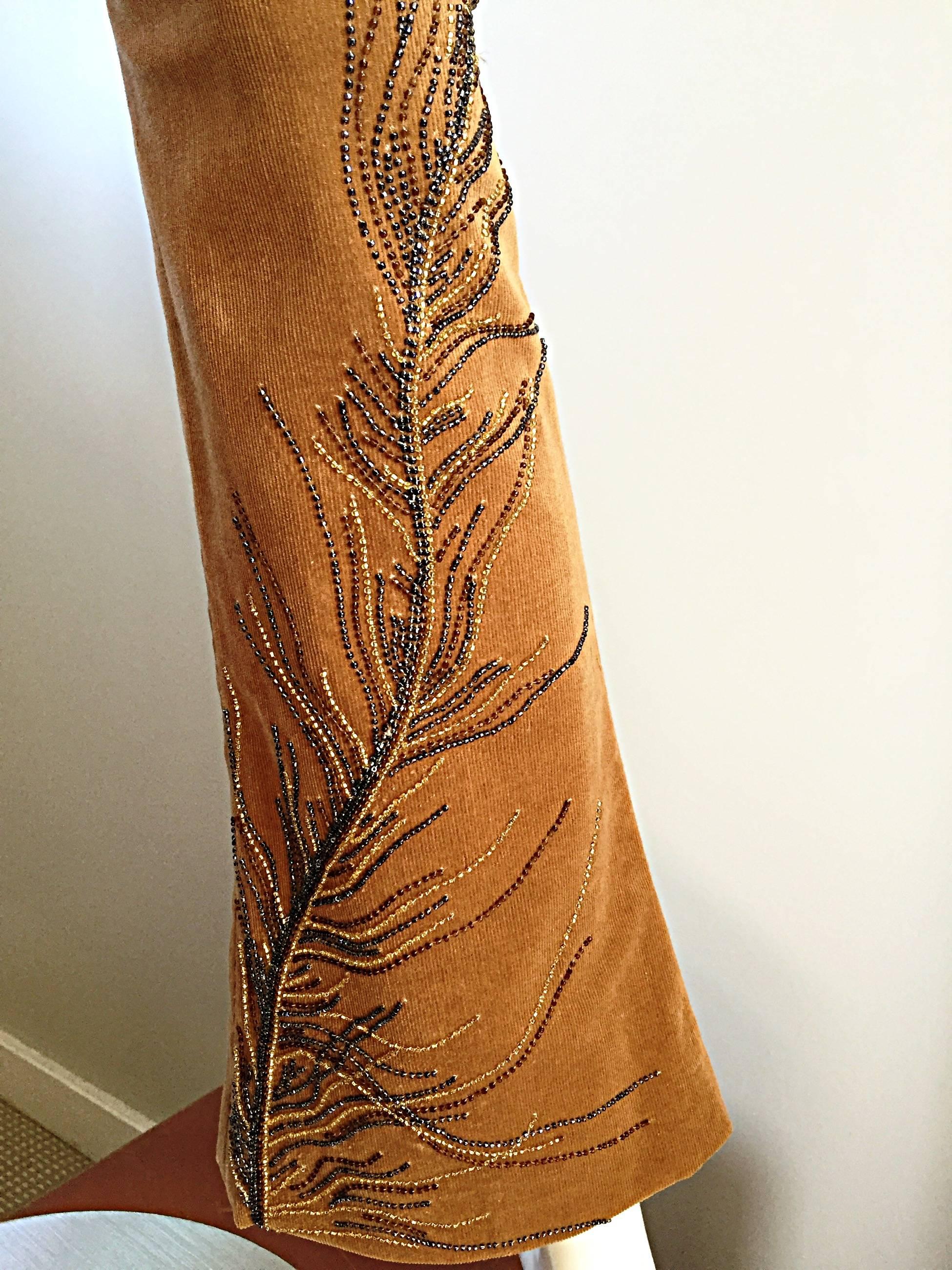 Women's Amazing Patrick Mendes Tan Corduroy ' Peacock Feather ' Beaded Flare Leg Pants For Sale