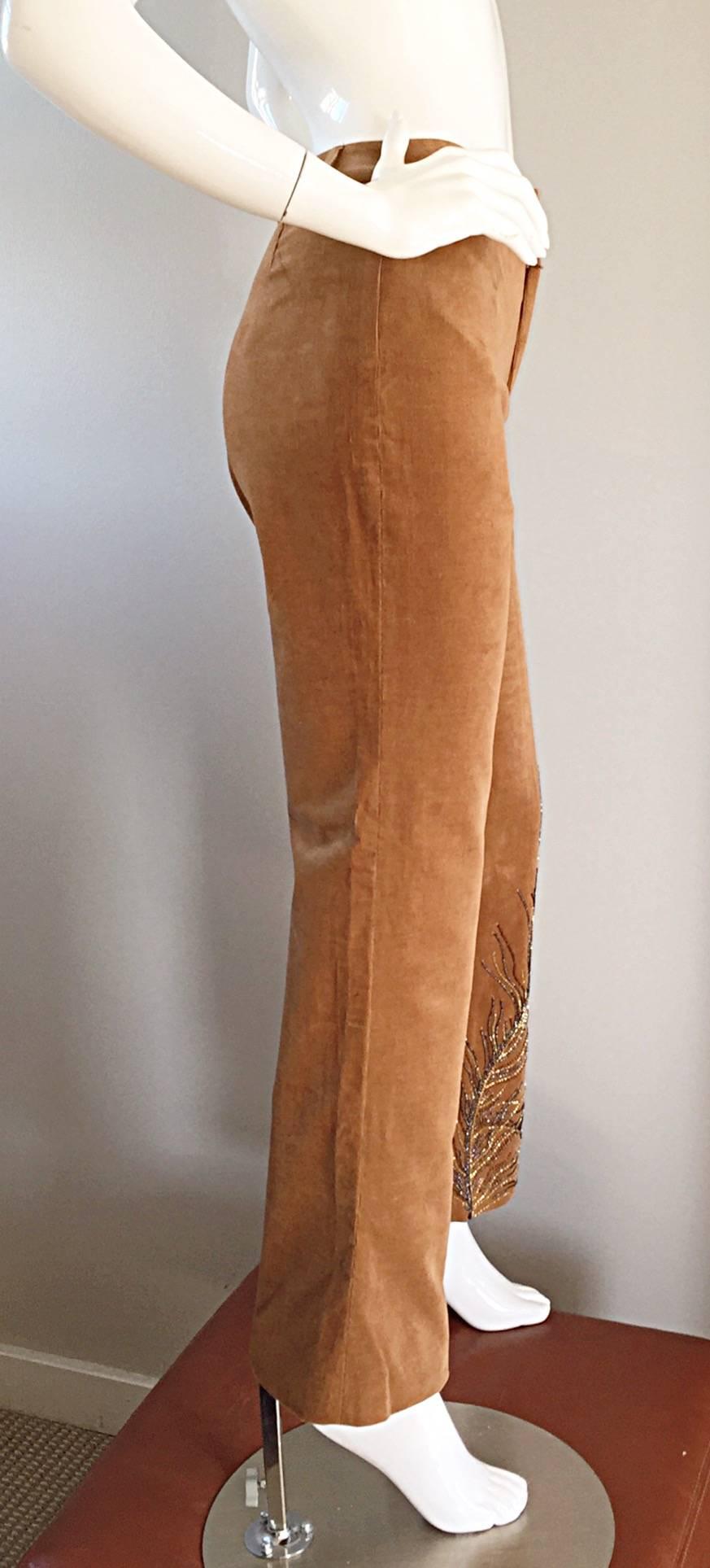 Brown Amazing Patrick Mendes Tan Corduroy ' Peacock Feather ' Beaded Flare Leg Pants For Sale