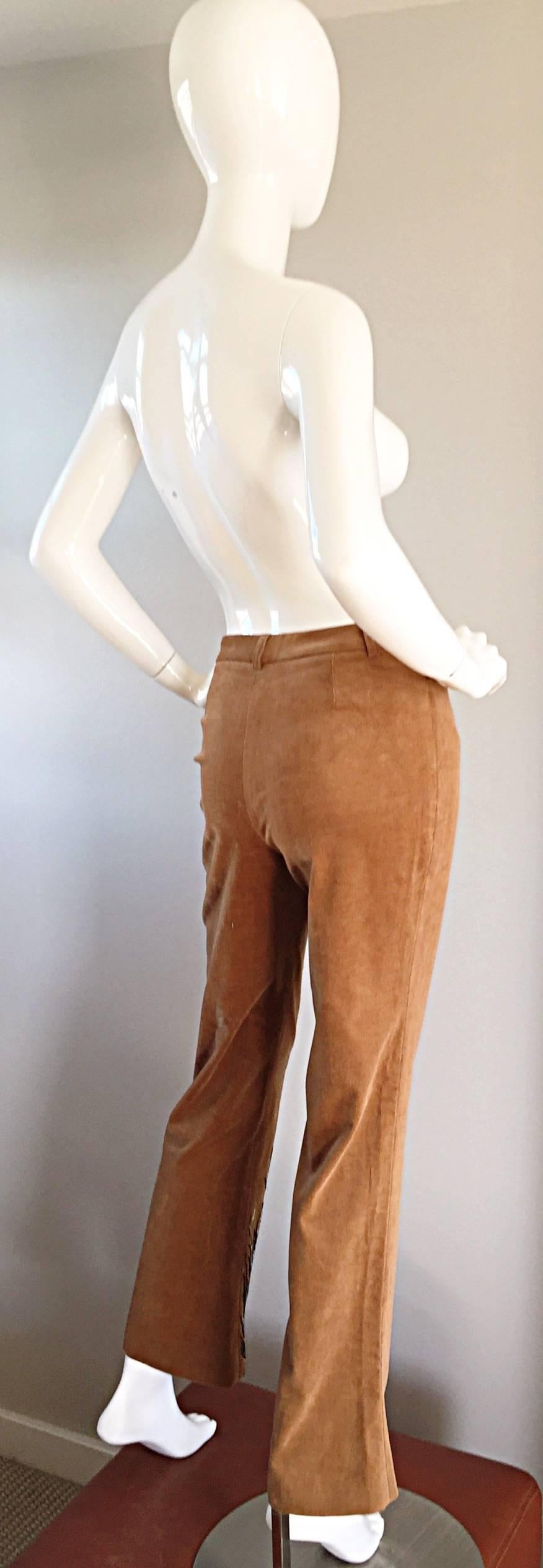 Amazing Patrick Mendes Tan Corduroy ' Peacock Feather ' Beaded Flare Leg Pants In Excellent Condition For Sale In San Diego, CA