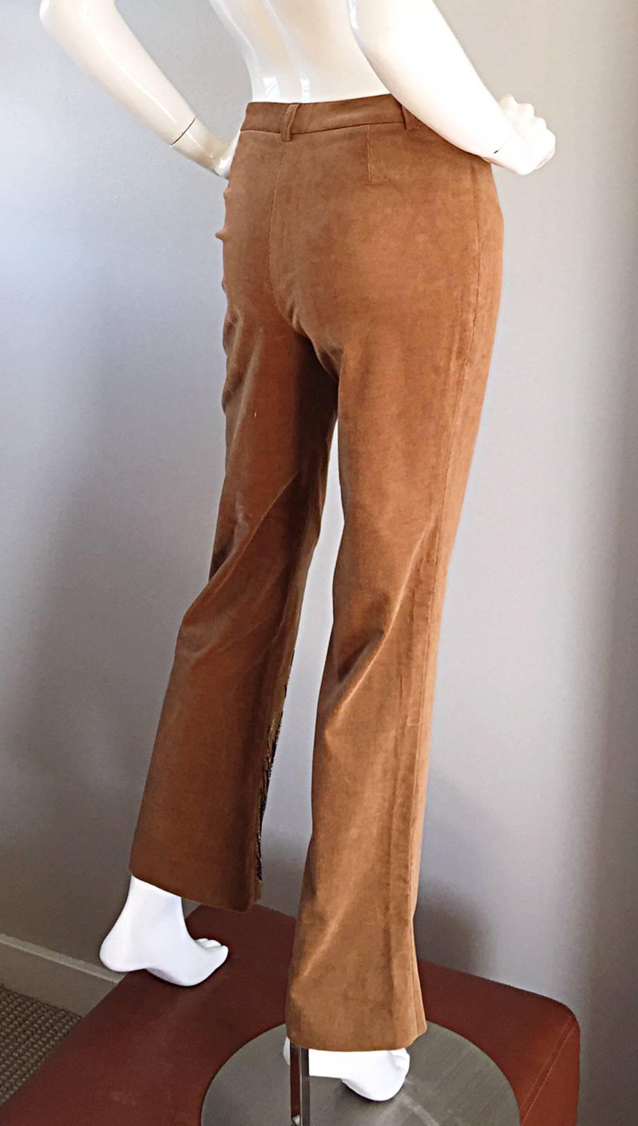 Incredible vintage late 90s / early Y2K Patrick Mendes (MADE IN FRANCE) flared leg trousers! Rich tan cotton corduroy, with intricate hand-beading at left leg, that forms a peacock feather. Expertly tailored, with an awesome flared leg, that looks