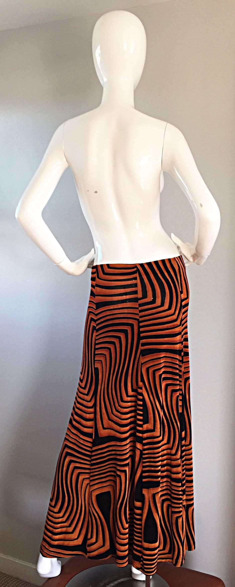 Incredible vintage Jean Paul Gaultier black and burnt orange 3-D printed jersey maxi skirt, OR strapless dress! Looks great worn as either! 3-D geometric print throughout. Very flattering, and super versatile! Looks great with a tank or blouse, or