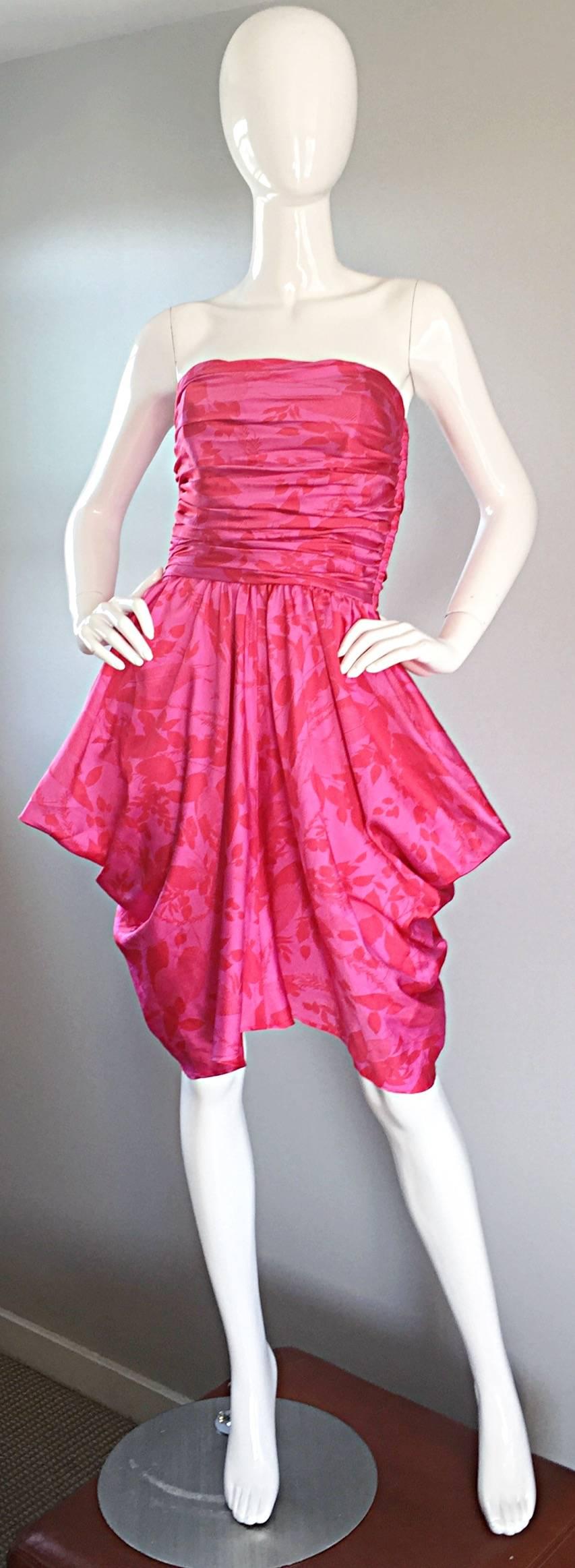 Women's Vintage Victor Costa Hot Pink + Red Avant Garde Strapless Ruched Dress