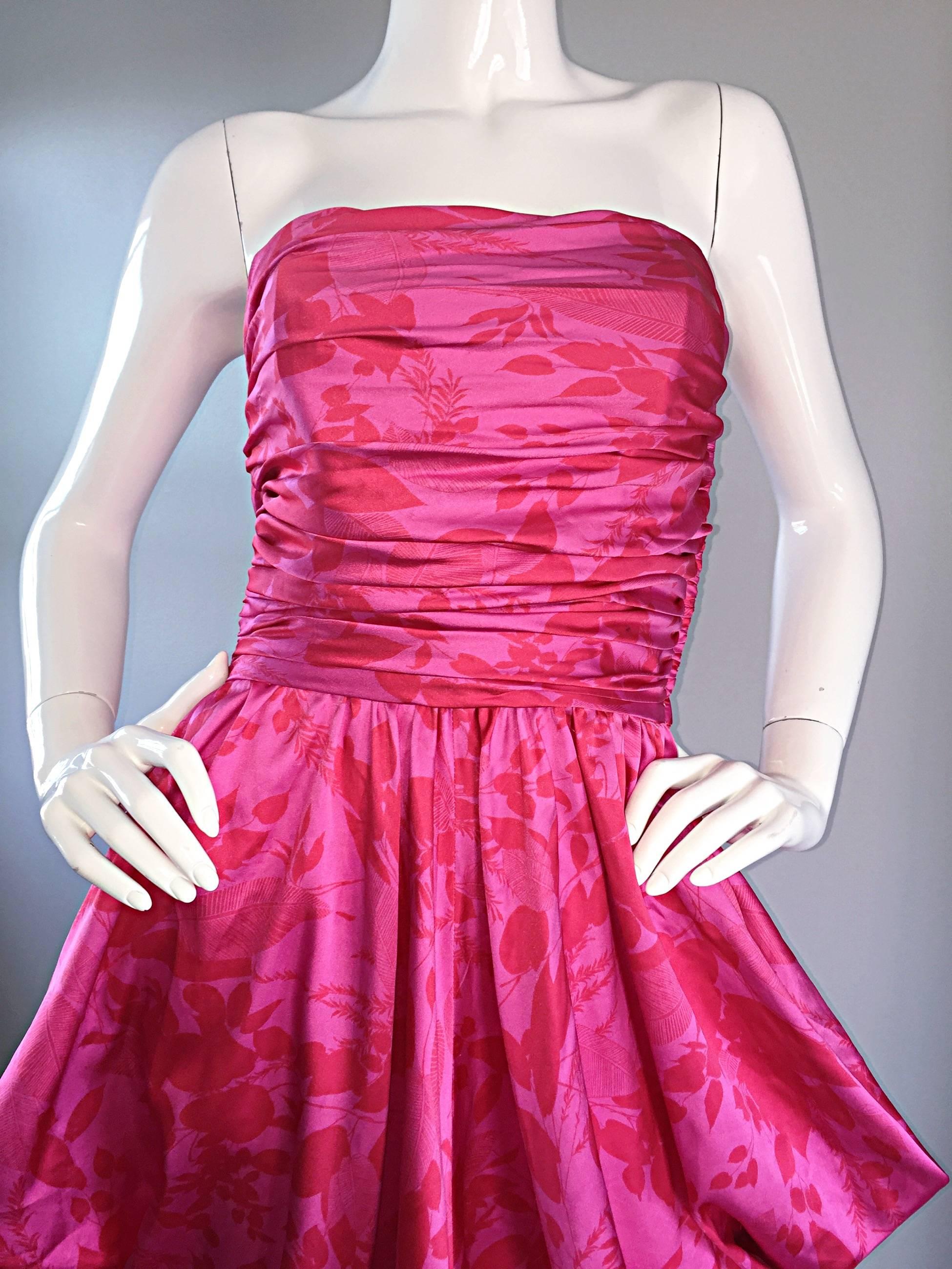 Vintage Victor Costa Hot Pink + Red Avant Garde Strapless Ruched Dress 2