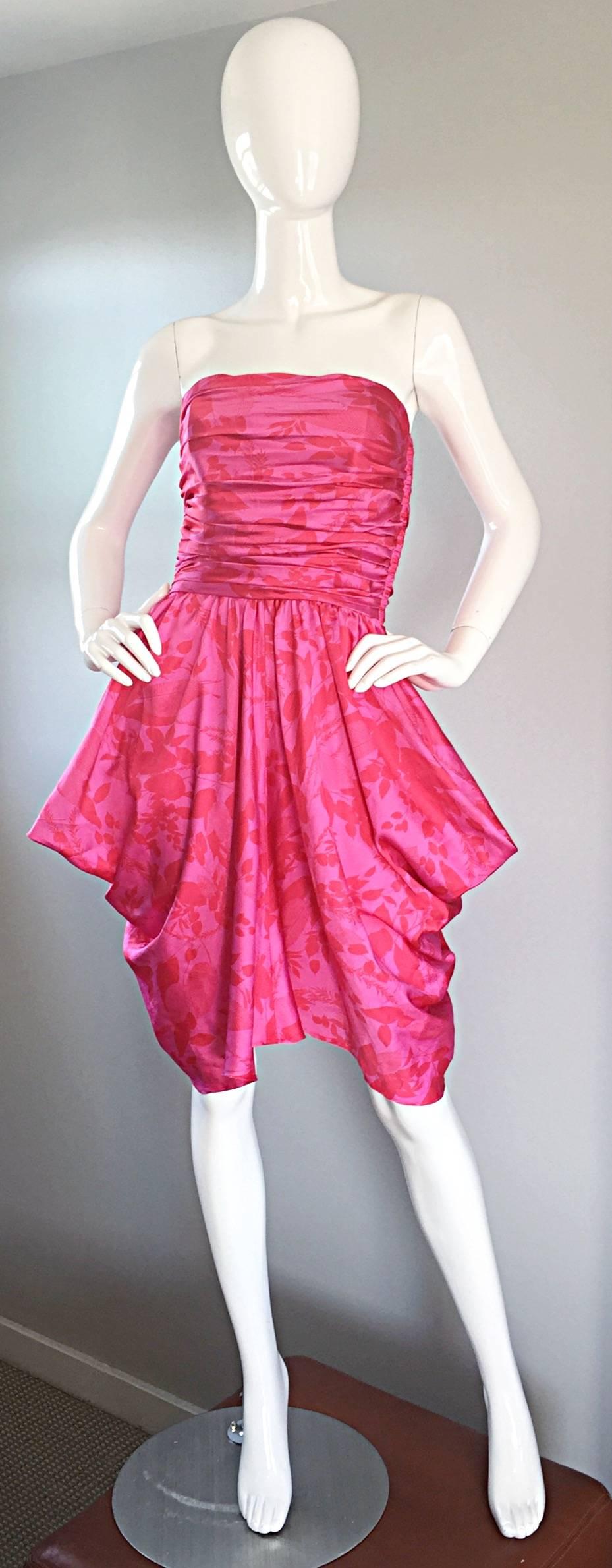 Vintage Victor Costa Hot Pink + Red Avant Garde Strapless Ruched Dress In Excellent Condition In San Diego, CA