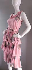 Vintage Mary McFadden Light Pink ' Fan ' Print Ruffle Tiered Silk Dress w/ Belt