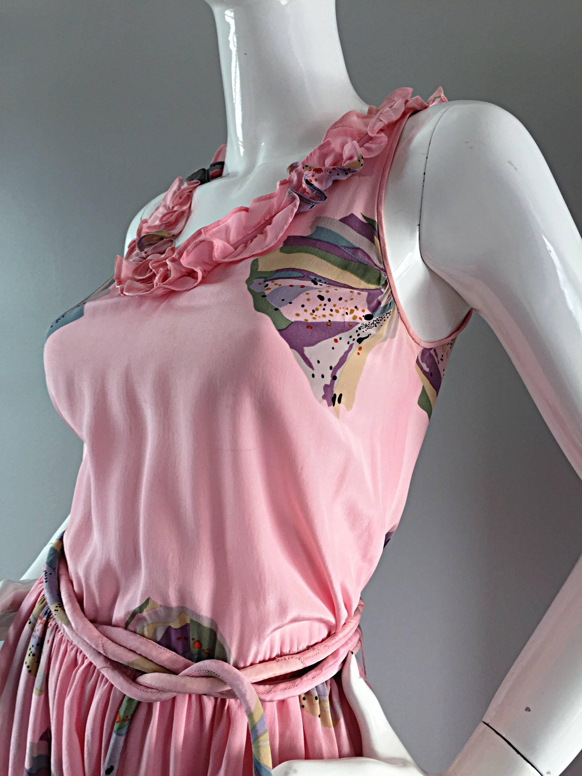 Vintage Mary McFadden Light Pink ' Fan ' Print Ruffle Tiered Silk Dress w/ Belt For Sale 5