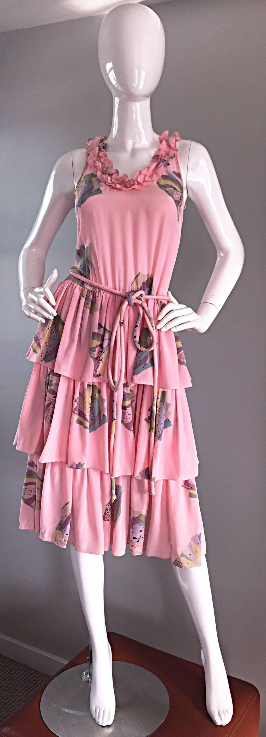 Vintage Mary McFadden Light Pink ' Fan ' Print Ruffle Tiered Silk Dress w/ Belt For Sale 2