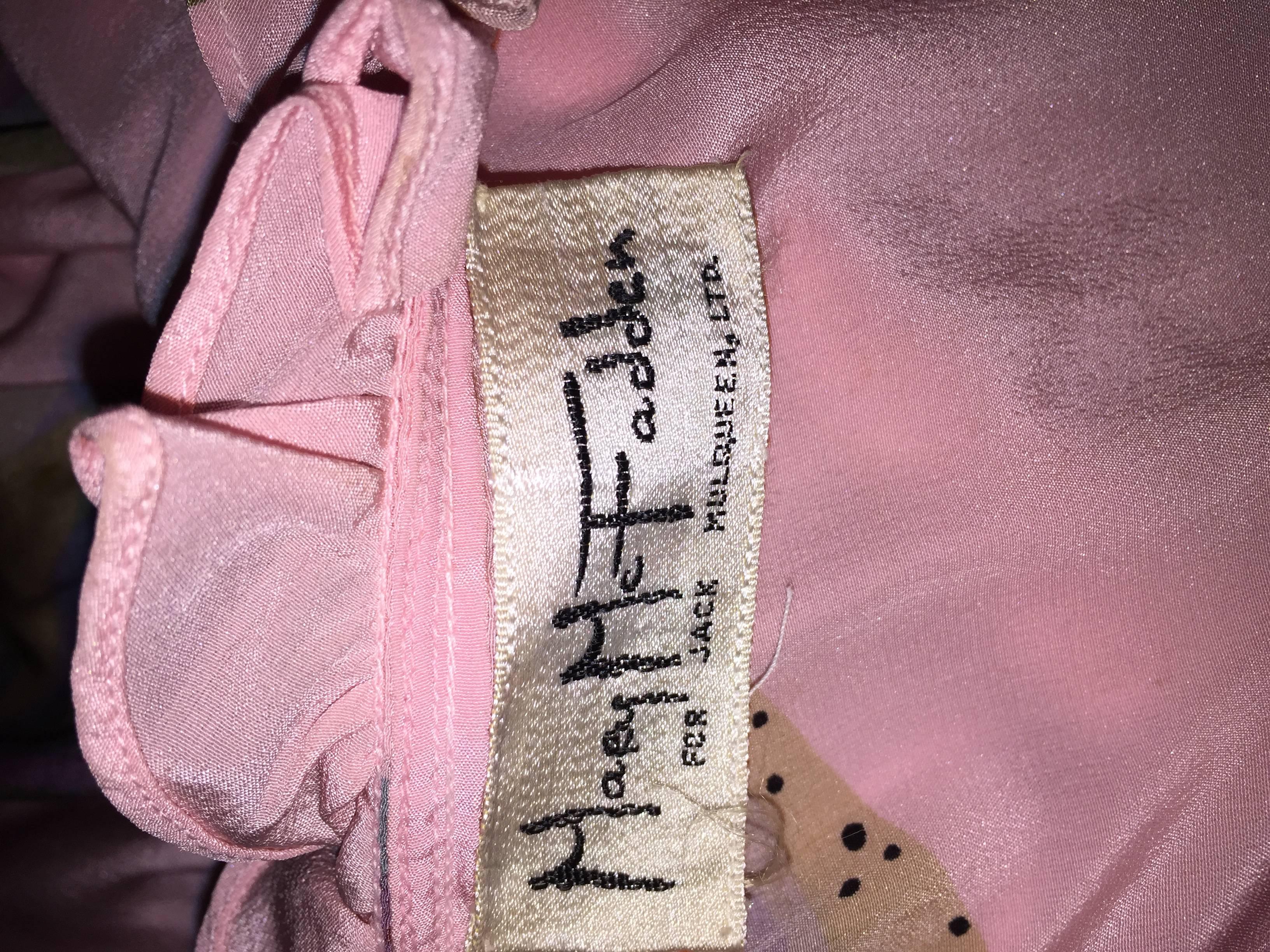 Vintage Mary McFadden Light Pink ' Fan ' Print Ruffle Tiered Silk Dress w/ Belt For Sale 1