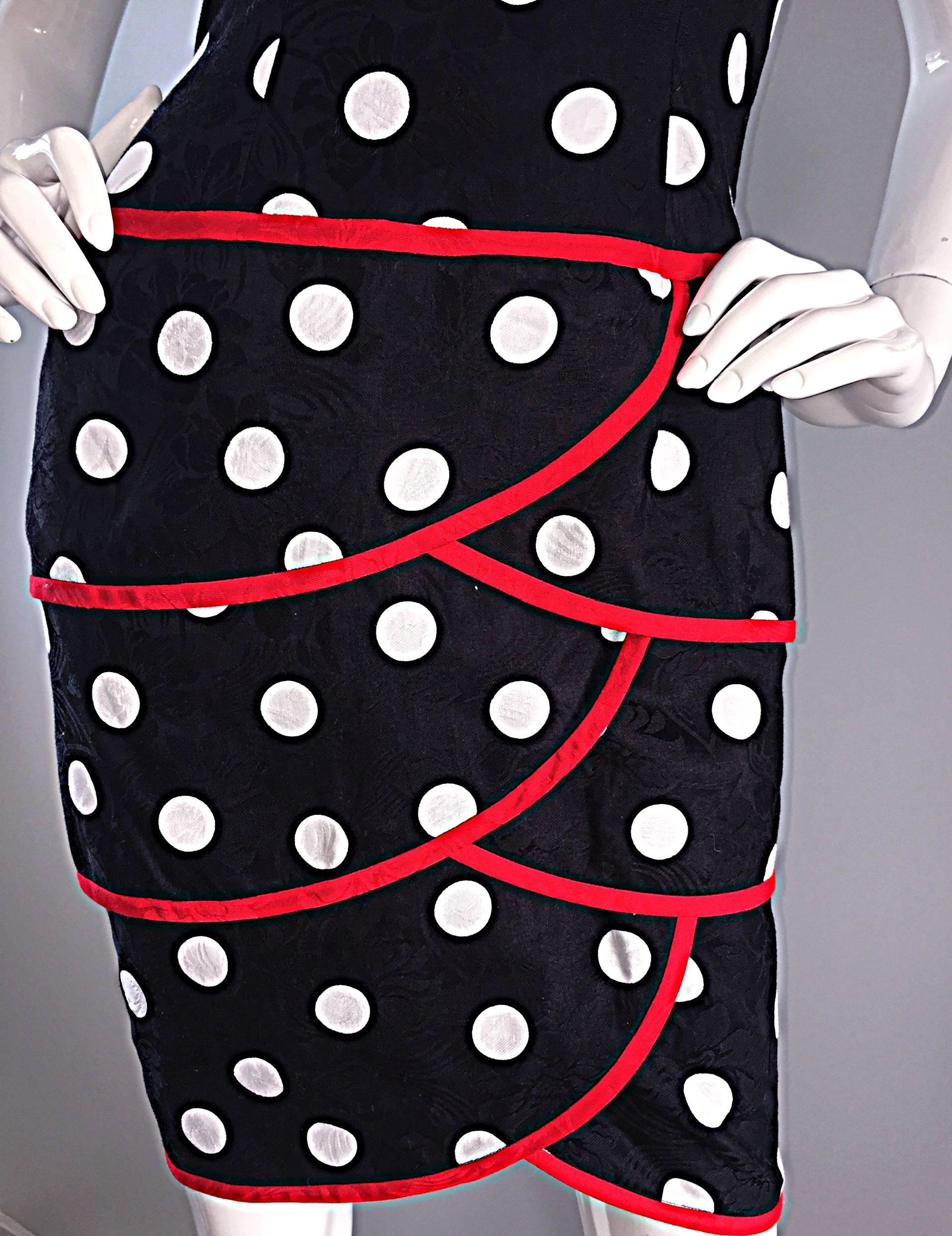 Vintage A.J. Bari for Neiman Marcus Black and White Polka Dot Dress w/ Red Trim 1