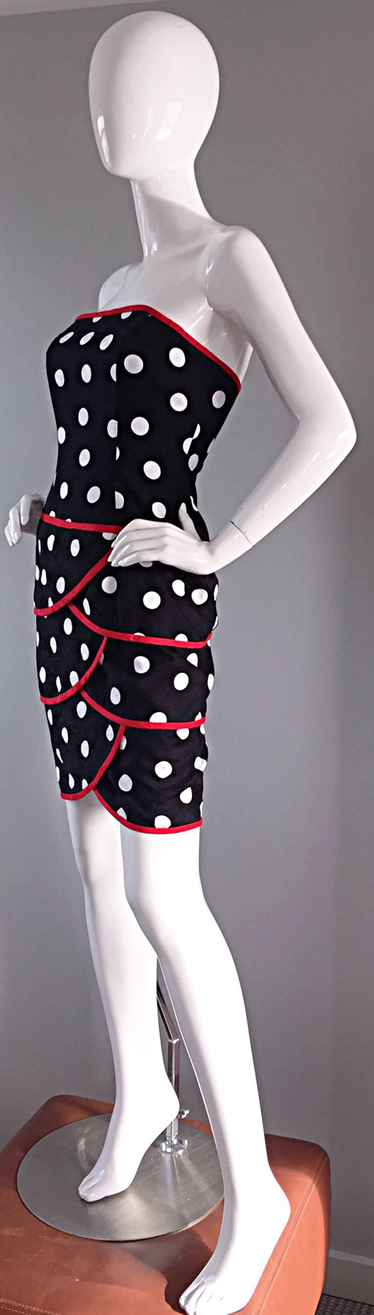 Vintage A.J. Bari for Neiman Marcus Black and White Polka Dot Dress w/ Red Trim 2