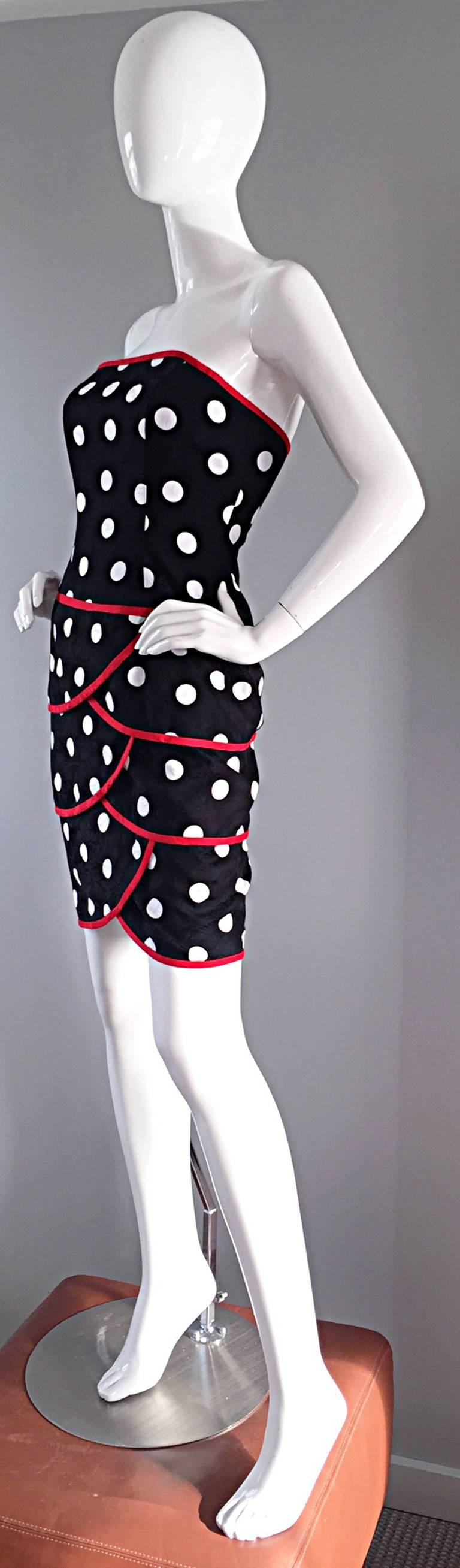 Vintage A.J. Bari for Neiman Marcus Black and White Polka Dot Dress w/ Red Trim 3