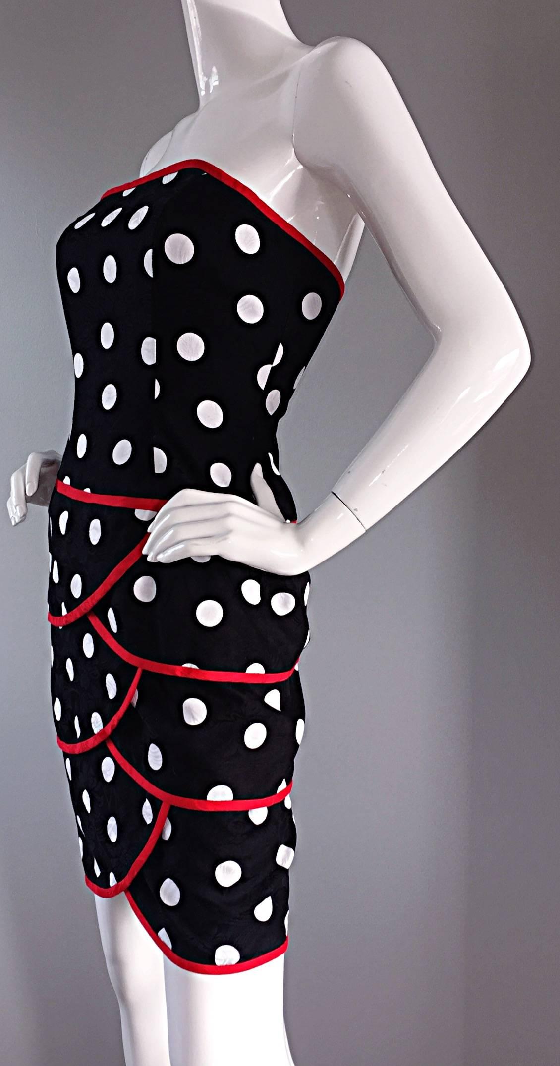 Women's Vintage A.J. Bari for Neiman Marcus Black and White Polka Dot Dress w/ Red Trim