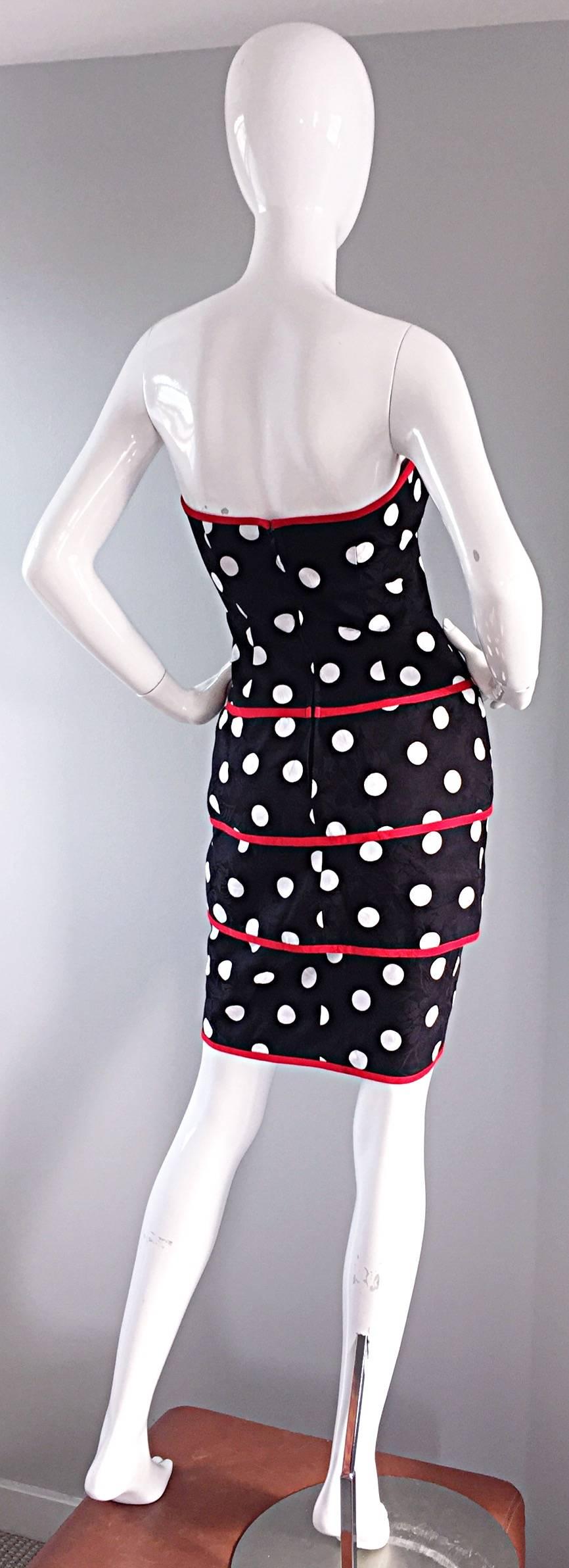 Vintage A.J. Bari for Neiman Marcus Black and White Polka Dot Dress w/ Red Trim In Excellent Condition In San Diego, CA