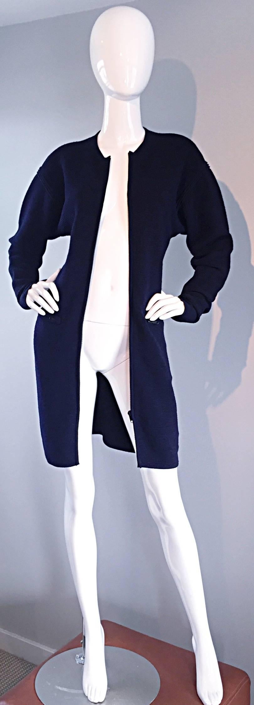 Vintage Claude Montana Navy Blue ' Scuba ' Cardigan / Sweater Dress  1