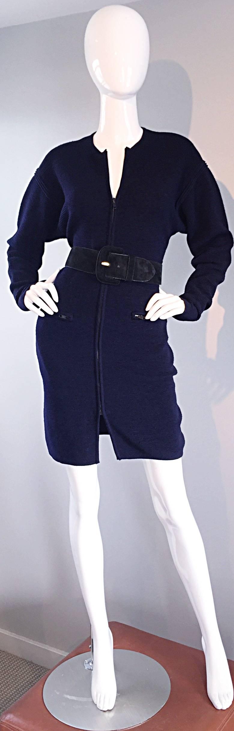 Vintage Claude Montana Navy Blue ' Scuba ' Cardigan / Sweater Dress  2