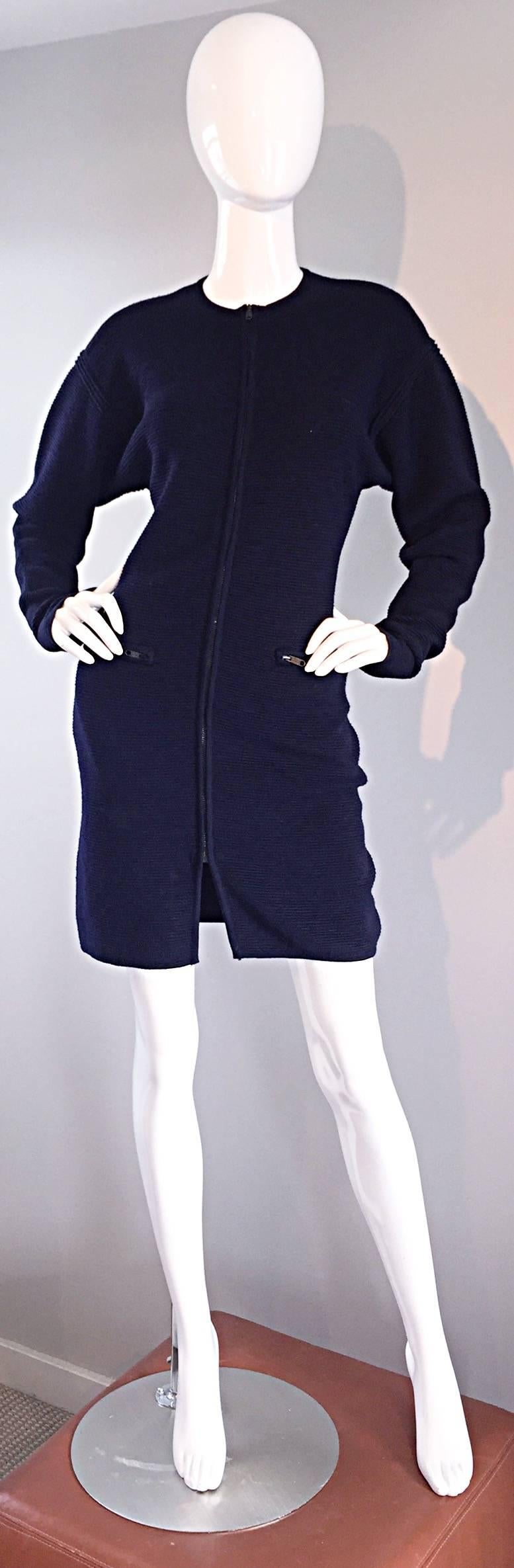Incredible vintage Claude Montana navy blue 'scuba' style wool cardigan, OR sweater dress! Impeccable eye to construction, which results in an amazing fit! Slight dolman sleeves make accessibility for a wide array of bust sizes. Zips up the bodice,