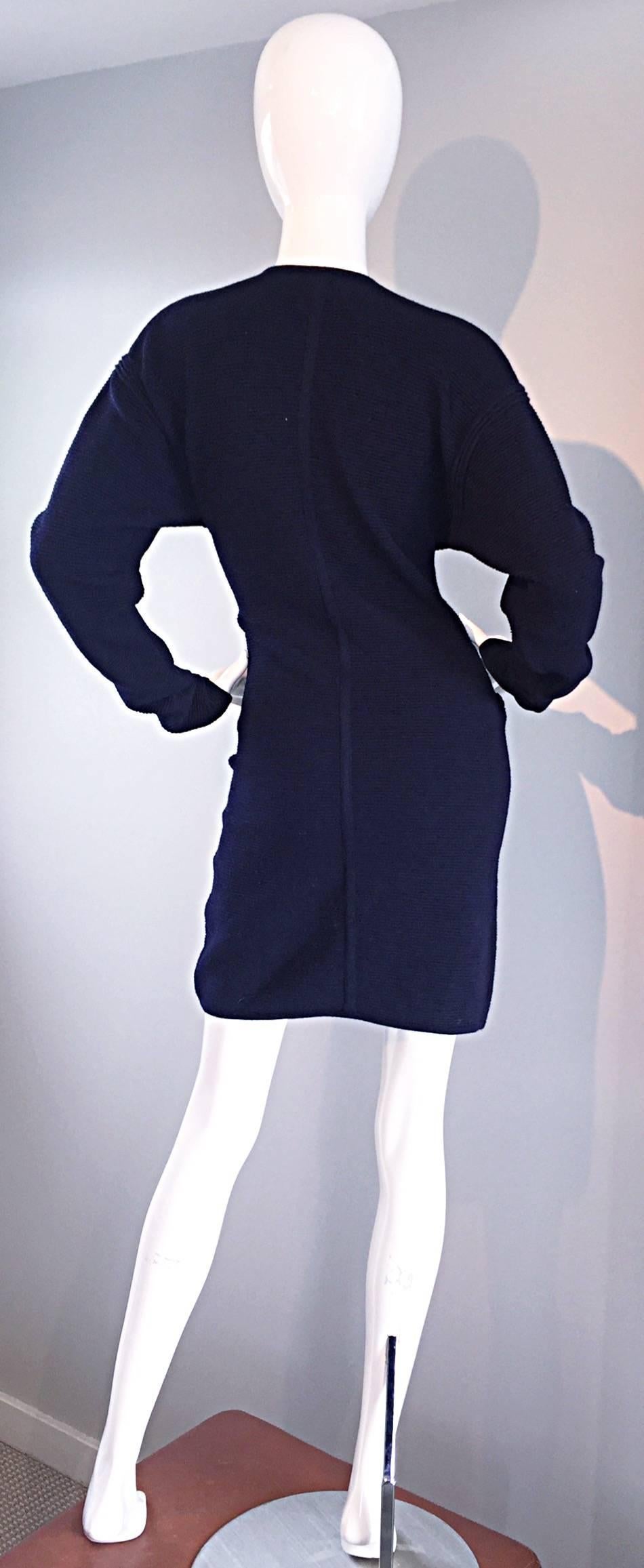 Black Vintage Claude Montana Navy Blue ' Scuba ' Cardigan / Sweater Dress 